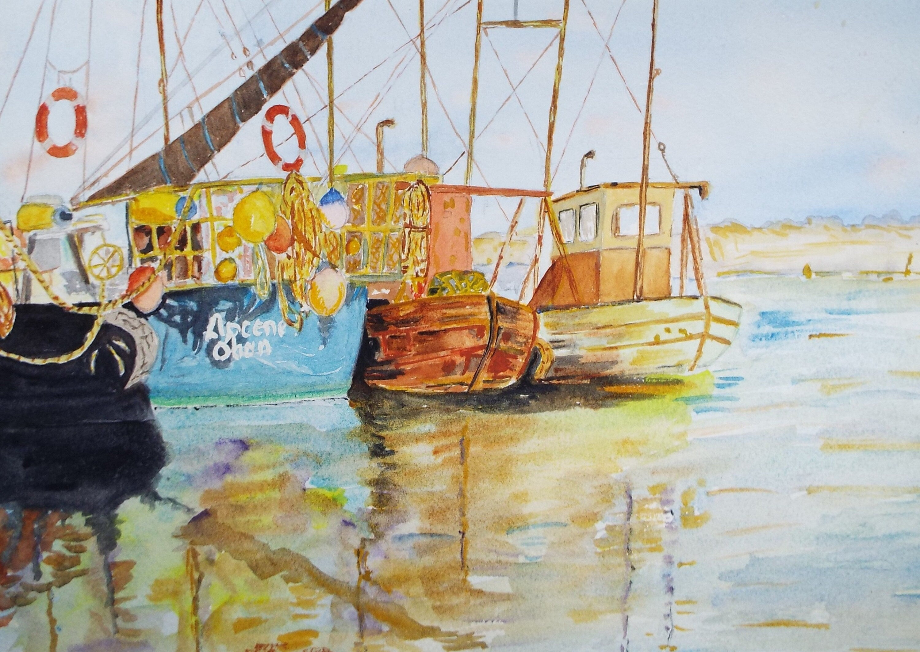 Original Watercolour Drawing, 'Moored Fishing Boats', Circa 1990's, Artist Unknown