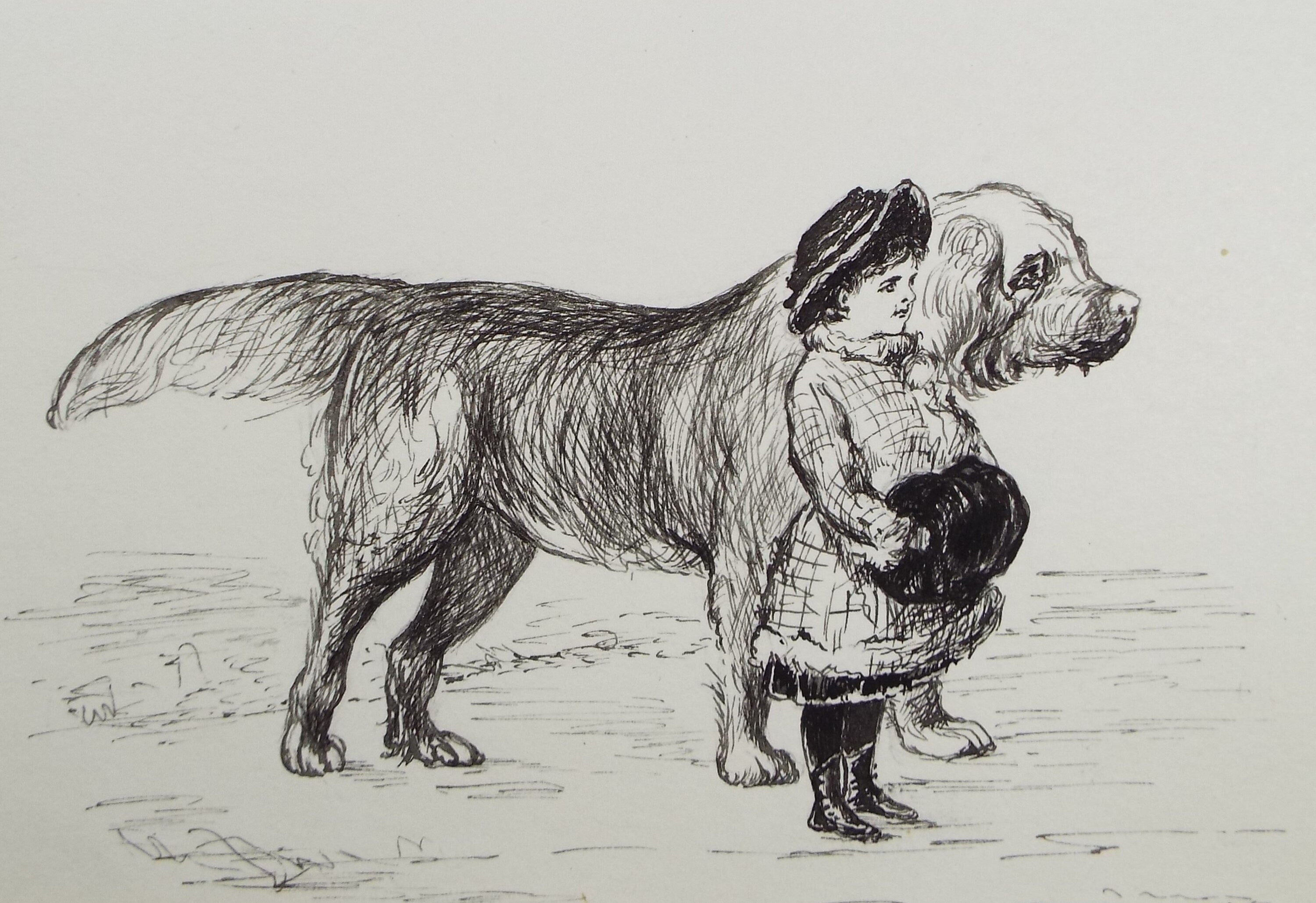 Original Pen & Ink Sketch, 'Girl with her Newfoundland', Dated 1885, Artist Unknown