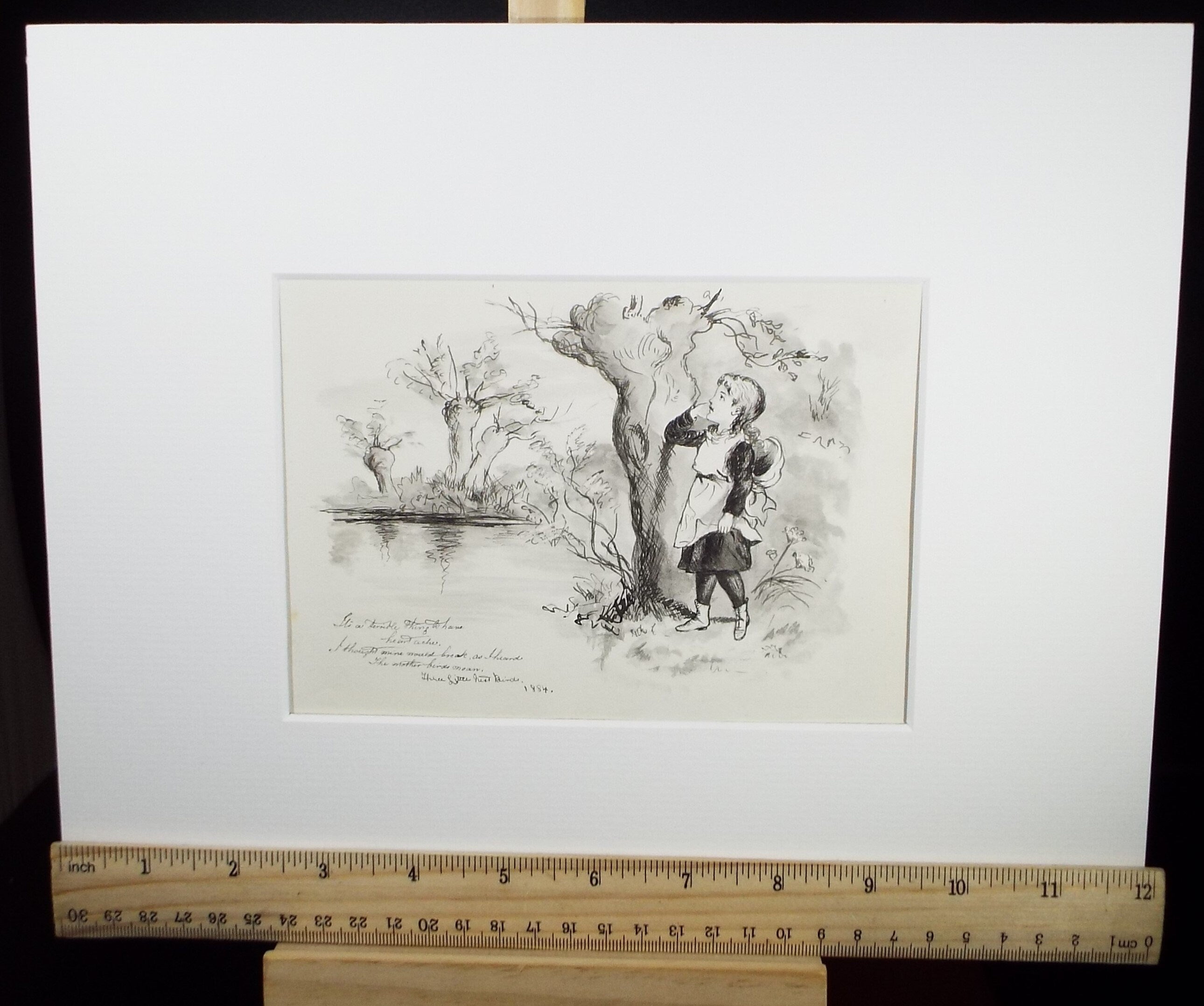 Original Pen & Ink Sketch, 'Girl in Woodland', Dated 1884, Artist Unknown