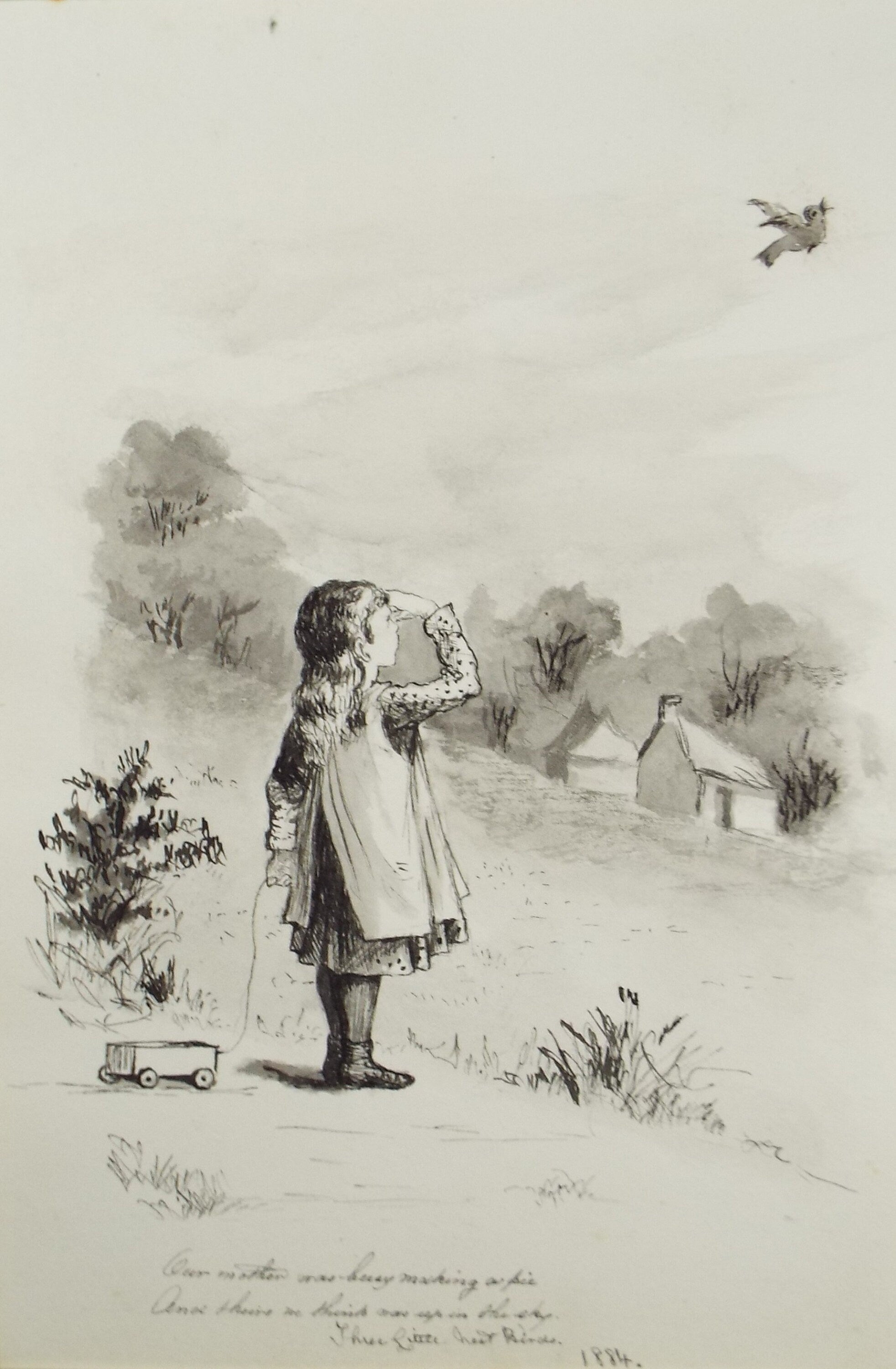 Original Pen & Ink Sketch, 'Child Observing a Bird', Dated 1884, Artist Unknown