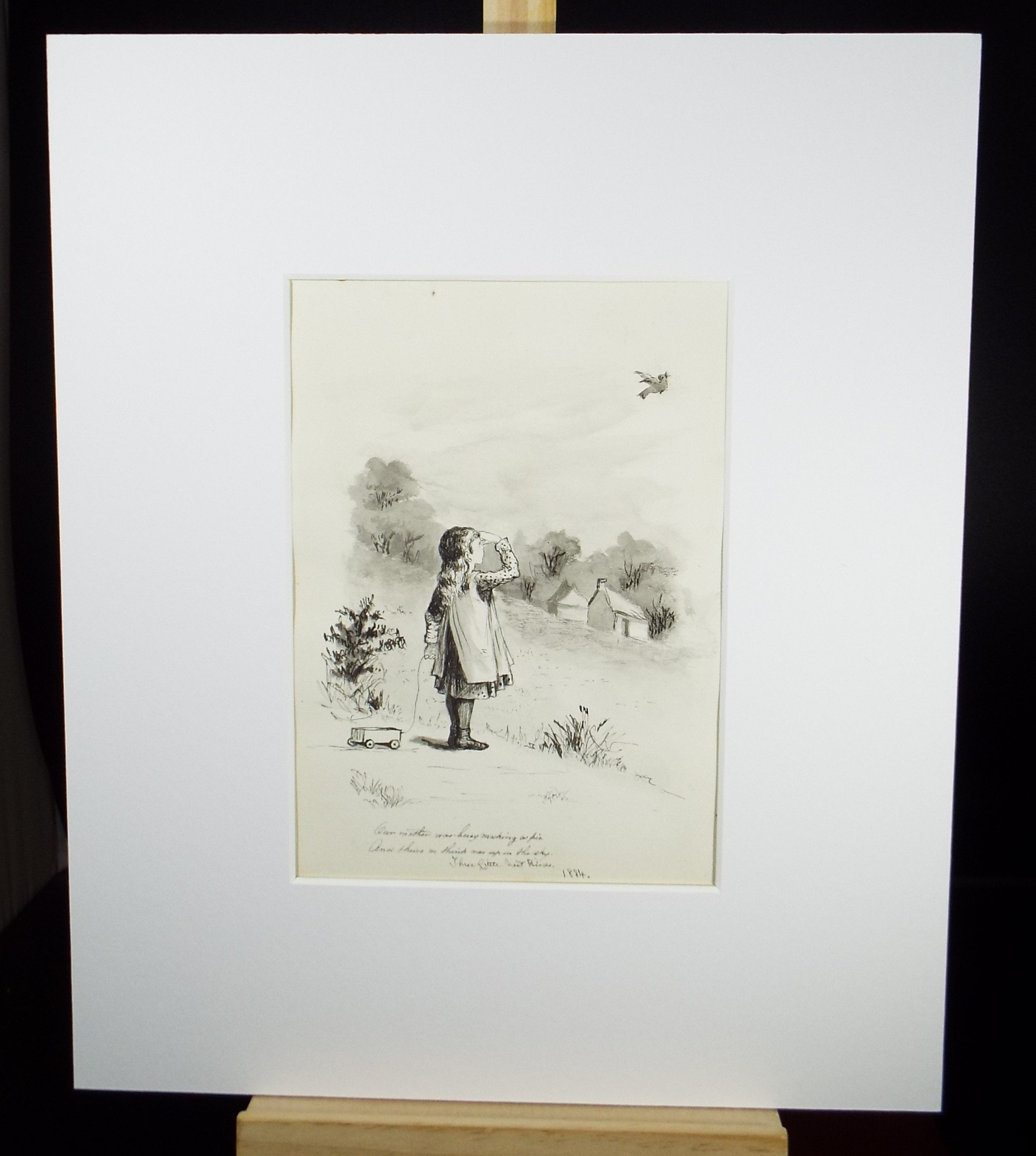 Original Pen & Ink Sketch, 'Child Observing a Bird', Dated 1884, Artist Unknown