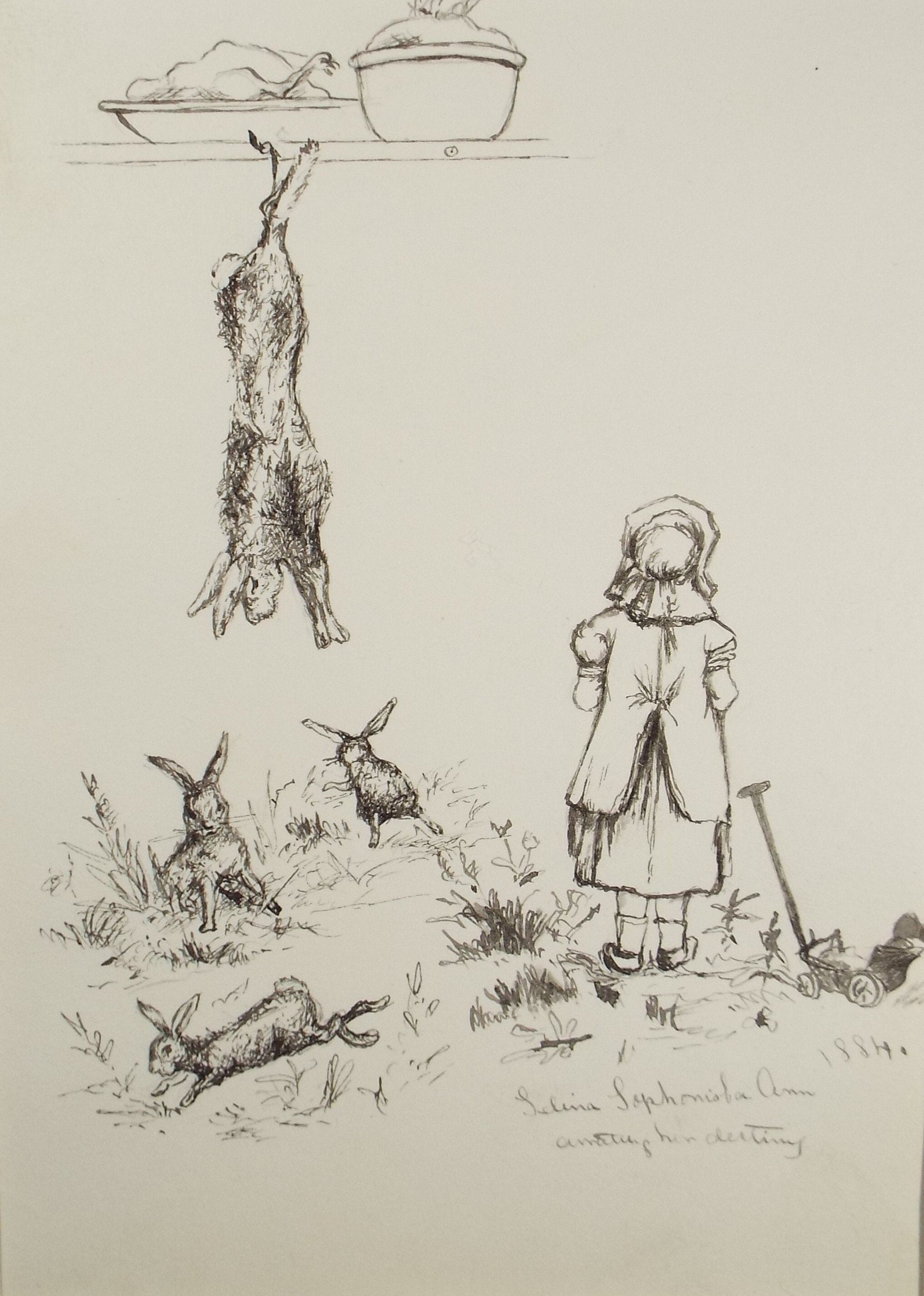 Original Pen & Ink Sketch, 'Girl with unfortunate Rabbits', Dated 1884, Artist Unknown