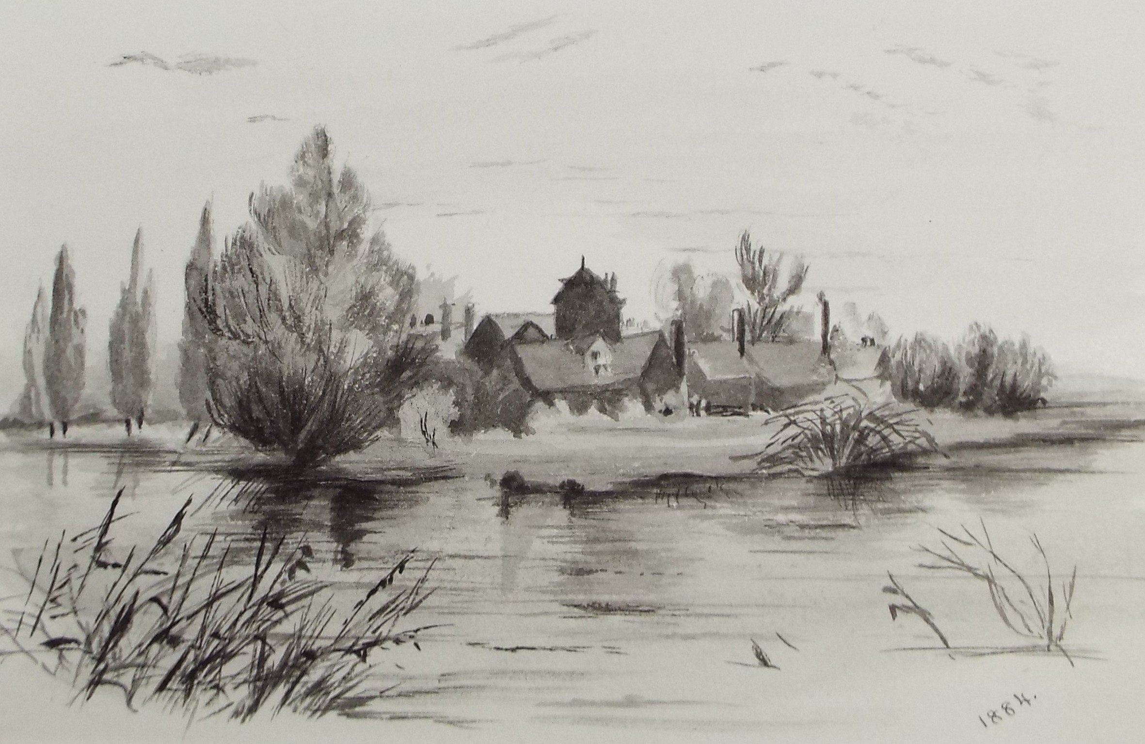 Original Watercolour, 'Village by the River', Dated 1884, Artist Unknown