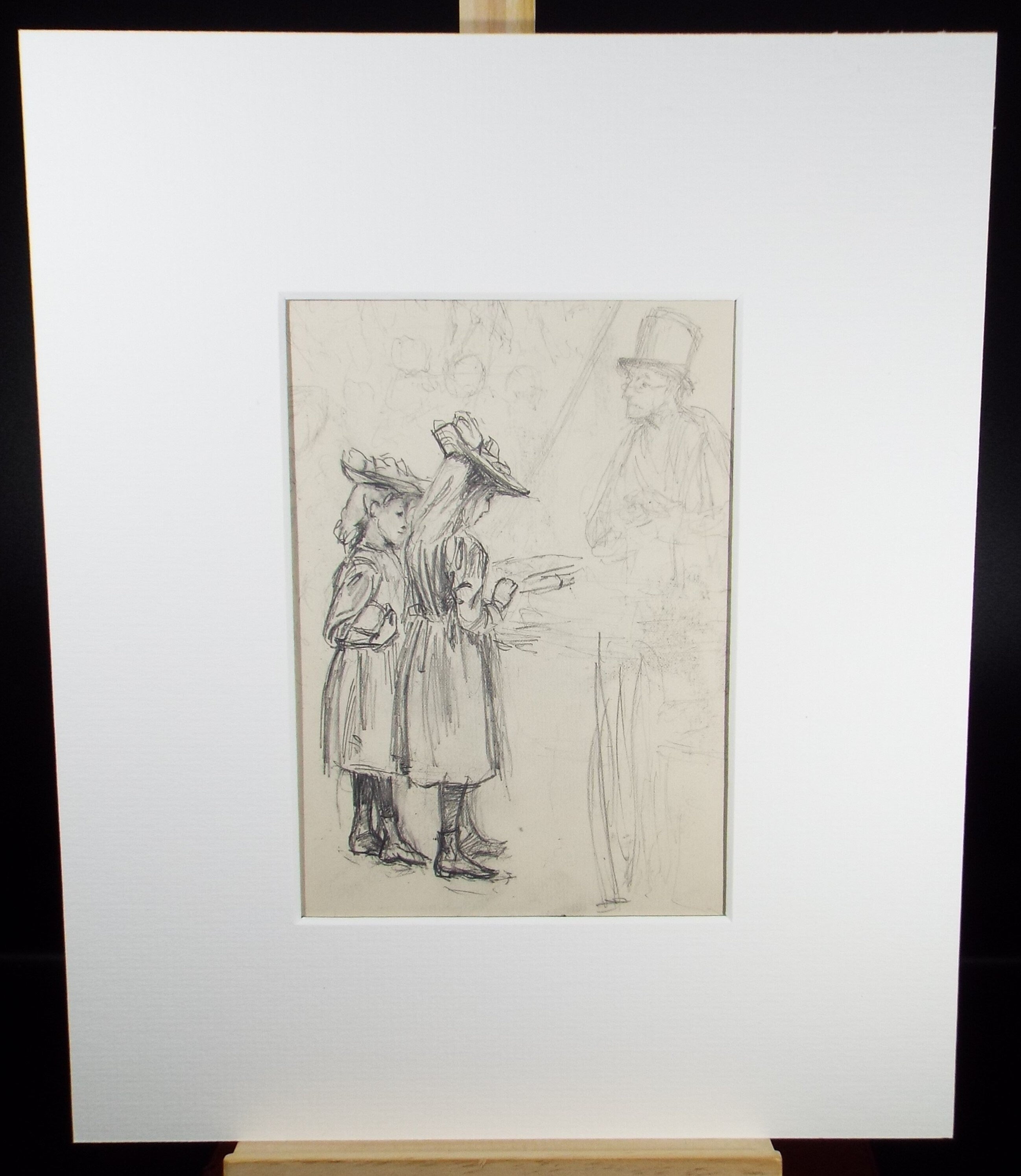 Original Pencil Sketch,'Two Girls and a Gentleman', Leonard Leslie Brooke (1862 - 1940), Late 19th Century