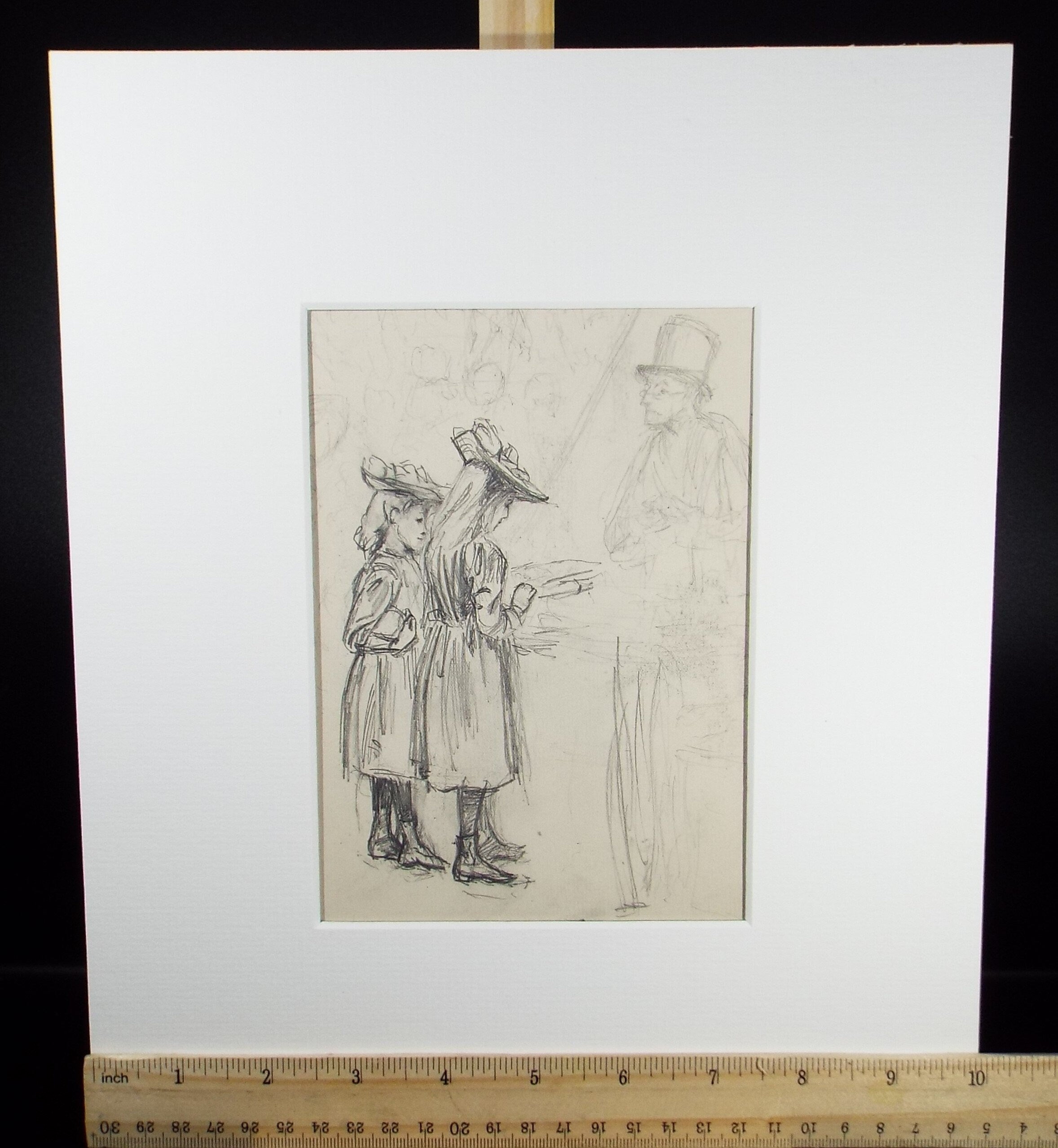 Original Pencil Sketch,'Two Girls and a Gentleman', Leonard Leslie Brooke (1862 - 1940), Late 19th Century