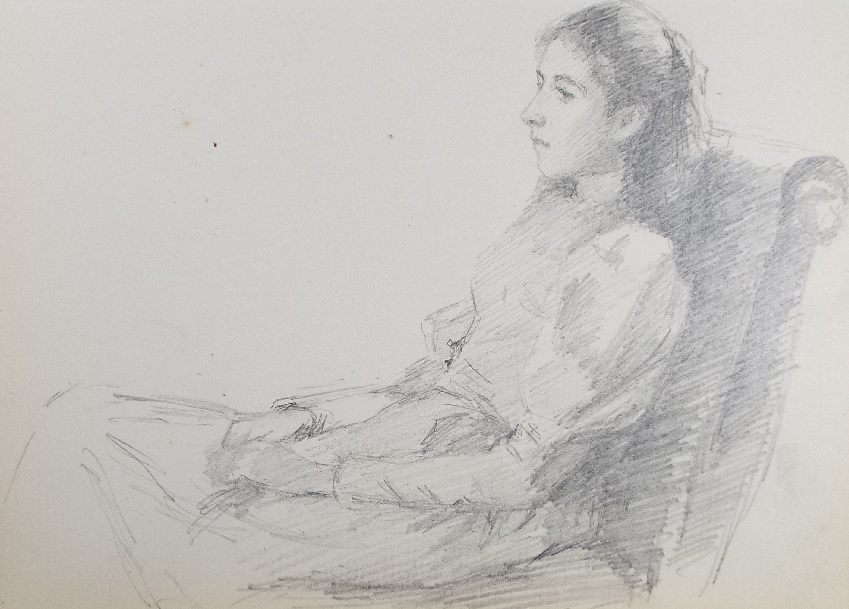 Original Pencil Sketch,'Study of a seated girl', Leonard Leslie Brooke (1862 - 1940), Late 19th Century