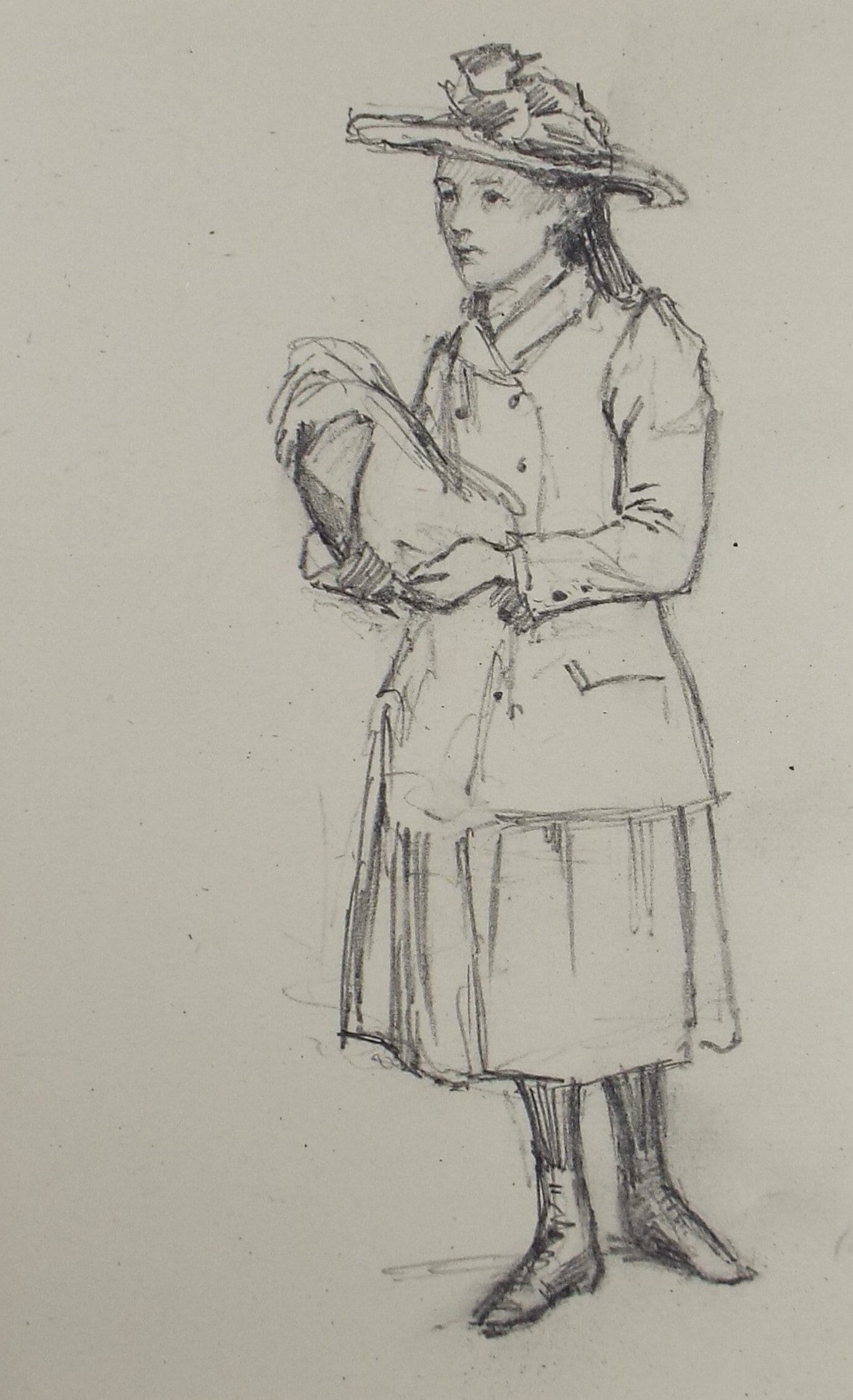 Original Pencil Sketch,'Study of a Girl carrying a parcel', Leonard Leslie Brooke (1862 - 1940), Late 19th Century