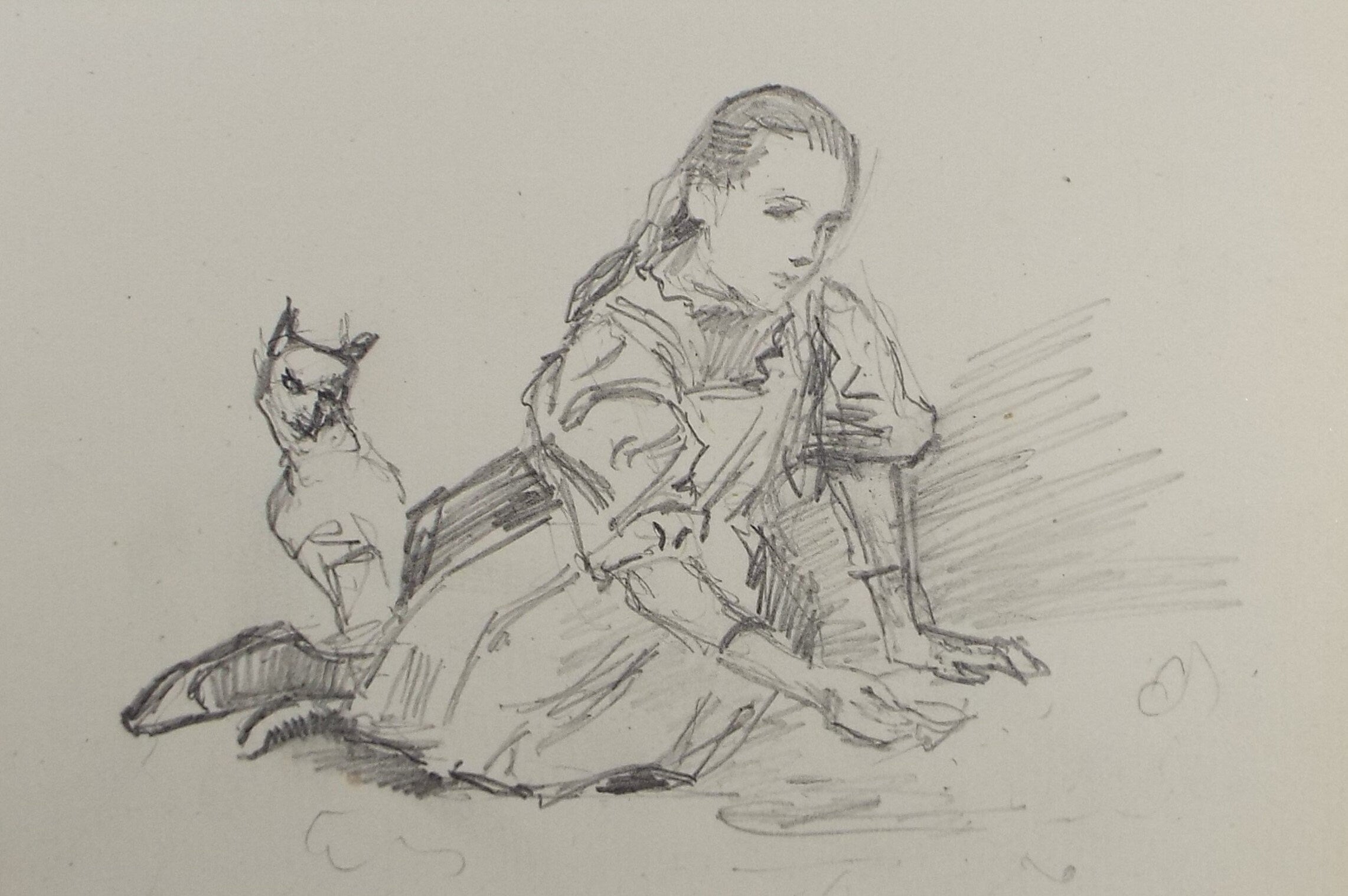 Original Pencil Sketch,'Girl with pet terrier', Leonard Leslie Brooke (1862 - 1940), Late 19th Century