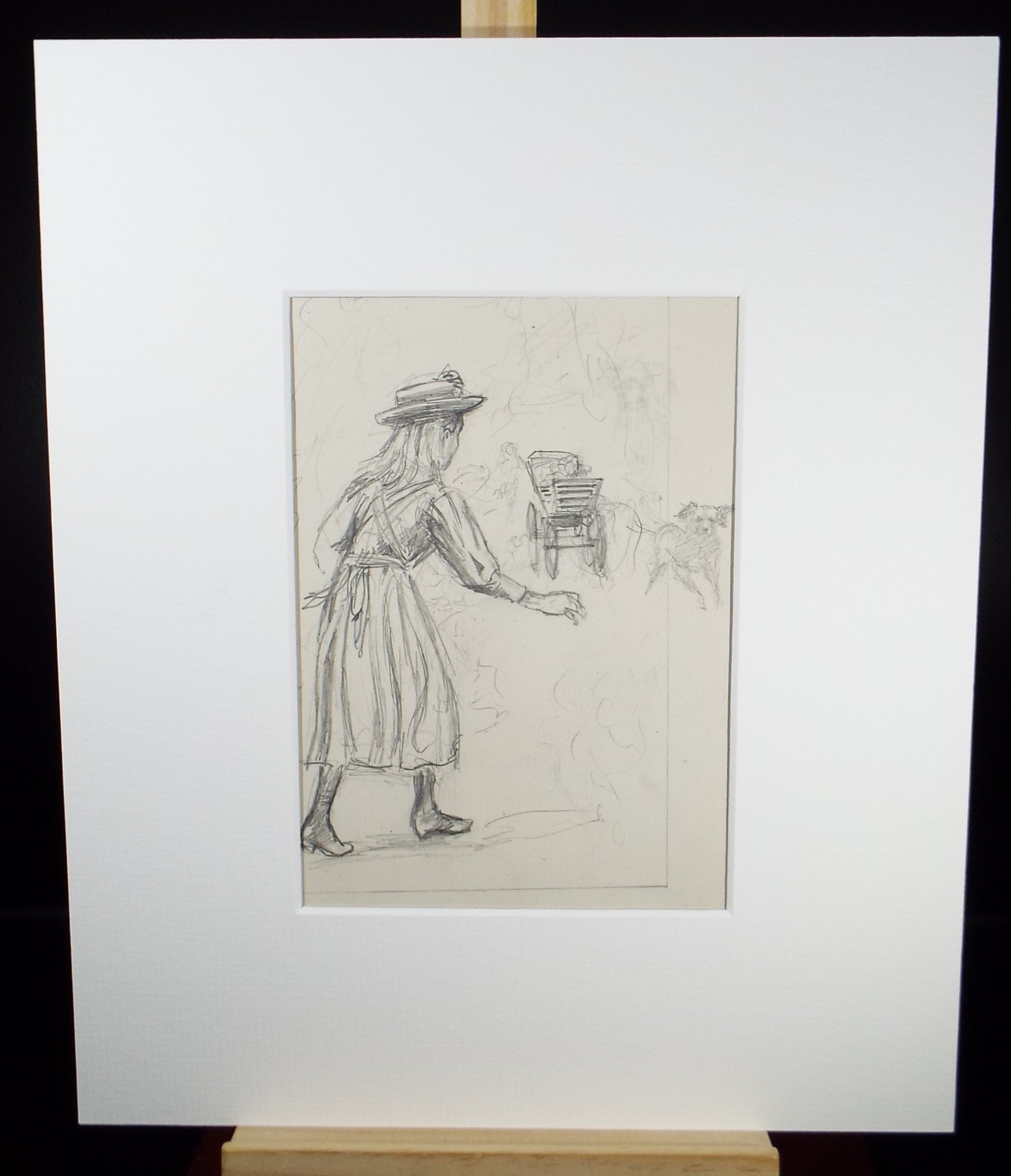 Original Pencil Sketch,'Girl with dog and Cartriage', Leonard Leslie Brooke (1862 - 1940), Late 19th Century