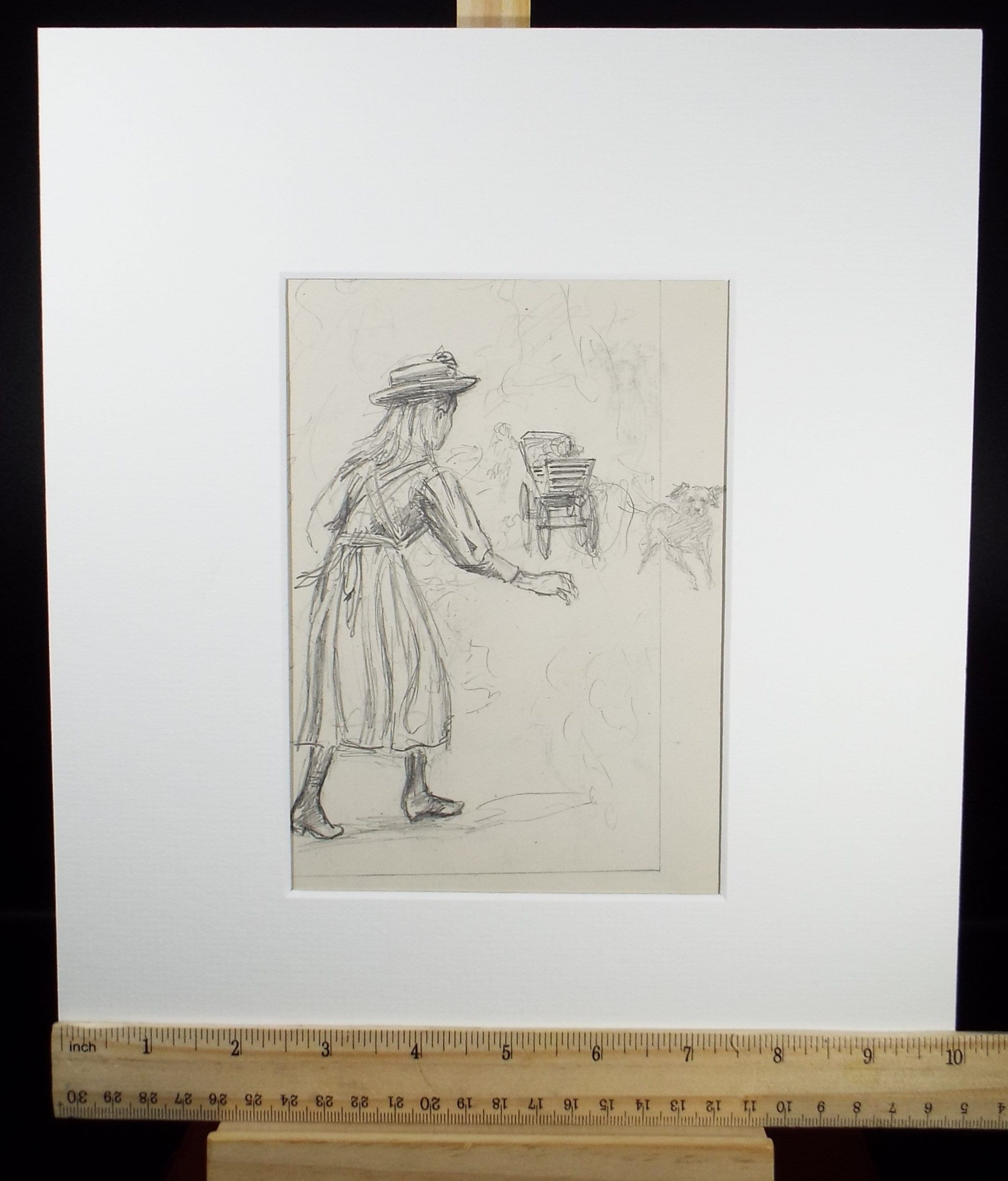 Original Pencil Sketch,'Girl with dog and Cartriage', Leonard Leslie Brooke (1862 - 1940), Late 19th Century