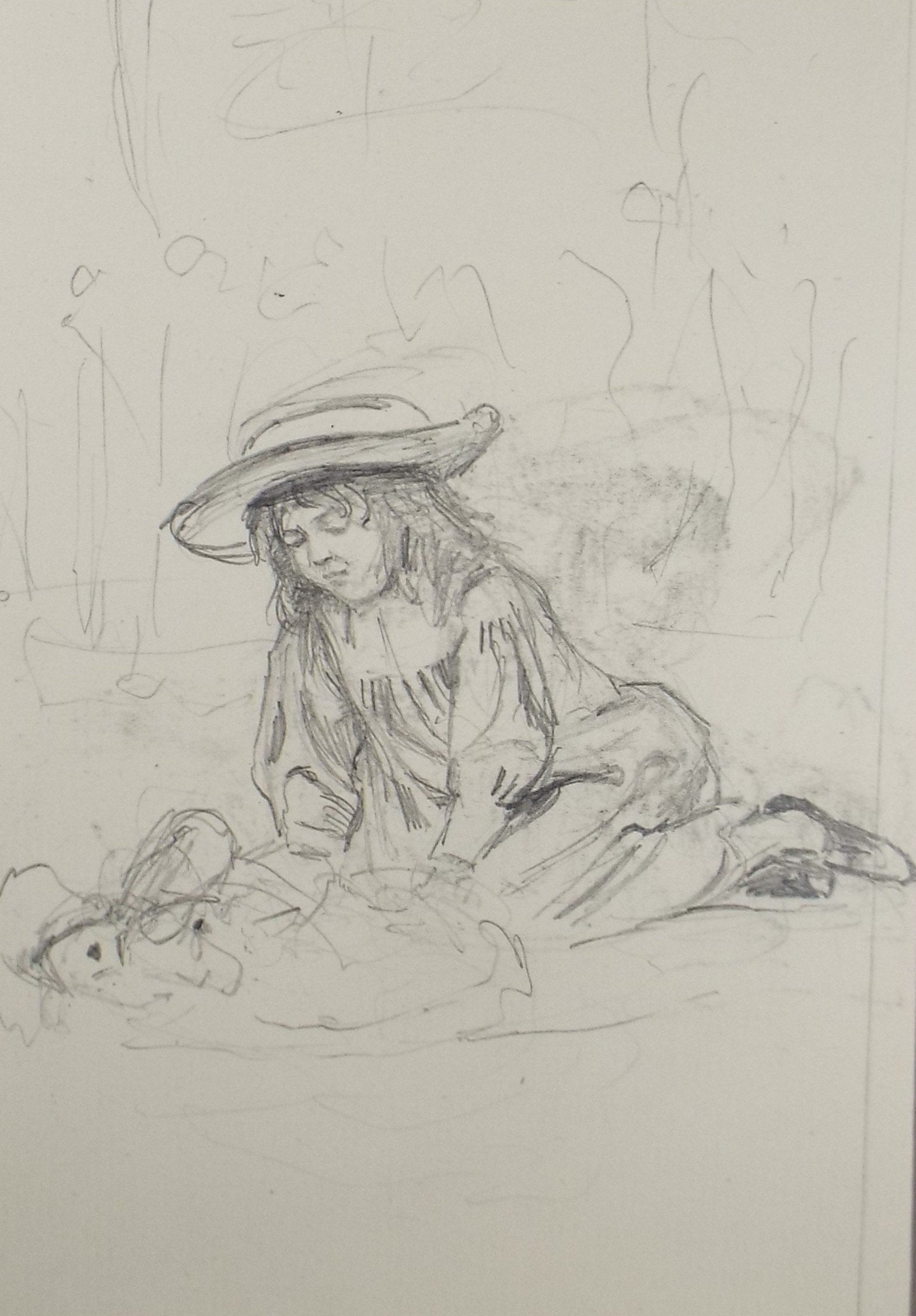 Original Pencil Sketch,'Girl with Baby', Leonard Leslie Brooke (1862 - 1940), Late 19th Century