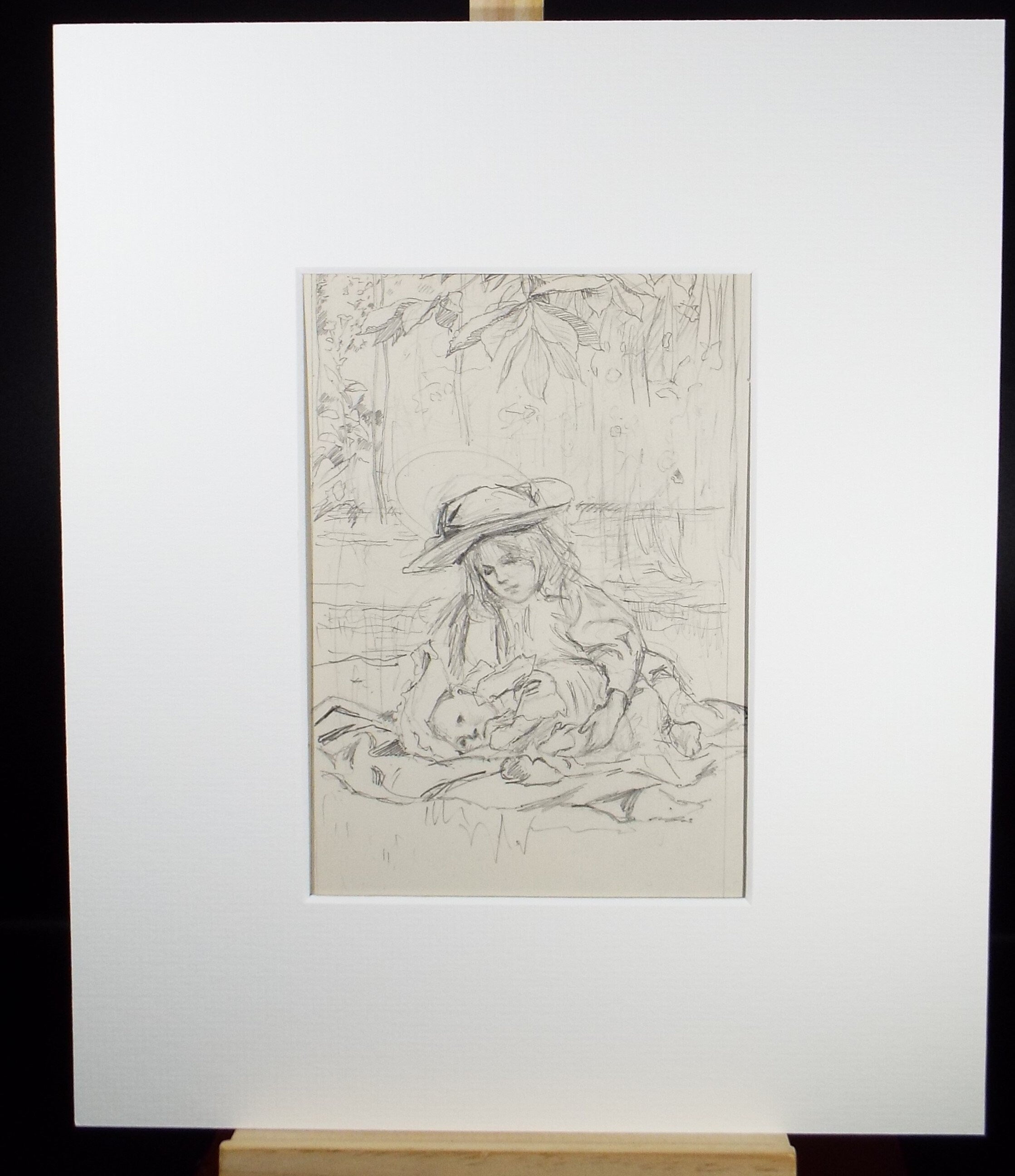 Original Pencil Sketch,'Girl with Baby', Leonard Leslie Brooke (1862 - 1940), Late 19th Century