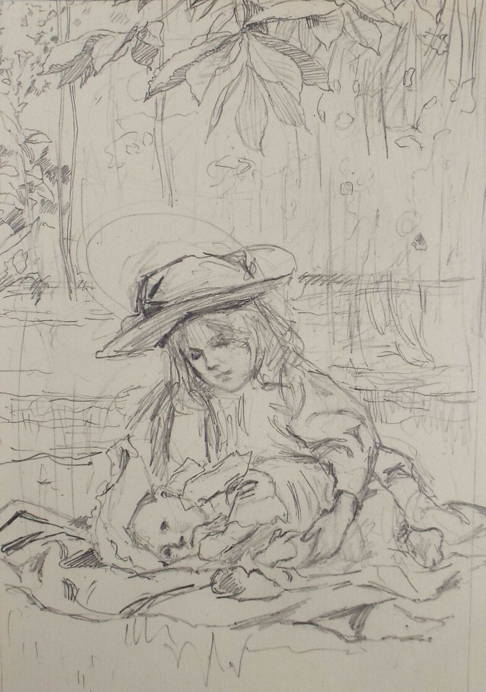 Original Pencil Sketch,'Girl with Baby', Leonard Leslie Brooke (1862 - 1940), Late 19th Century