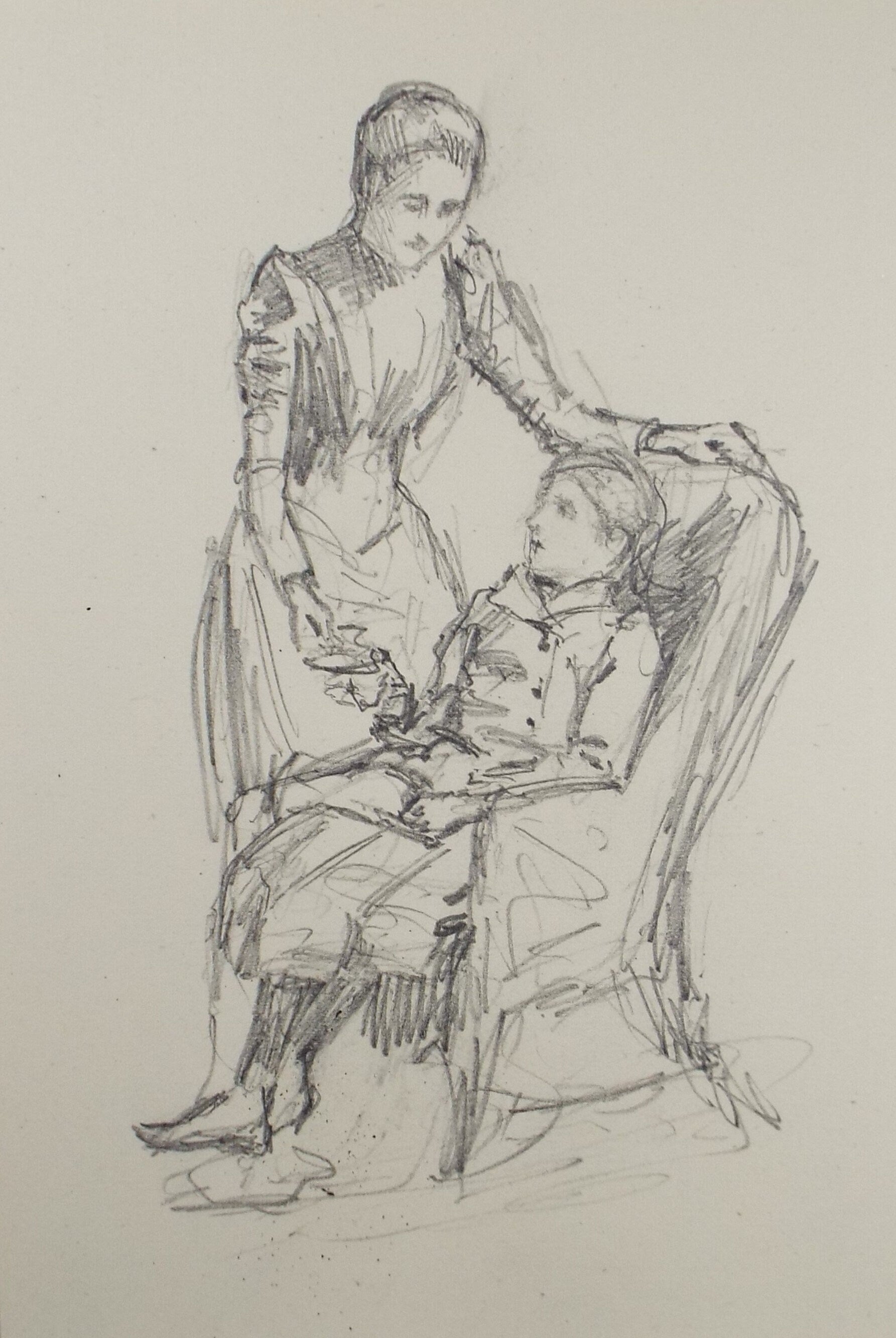 Original Pencil Sketch,'Mother and Daughter', Leonard Leslie Brooke (1862 - 1940), Late 19th Century