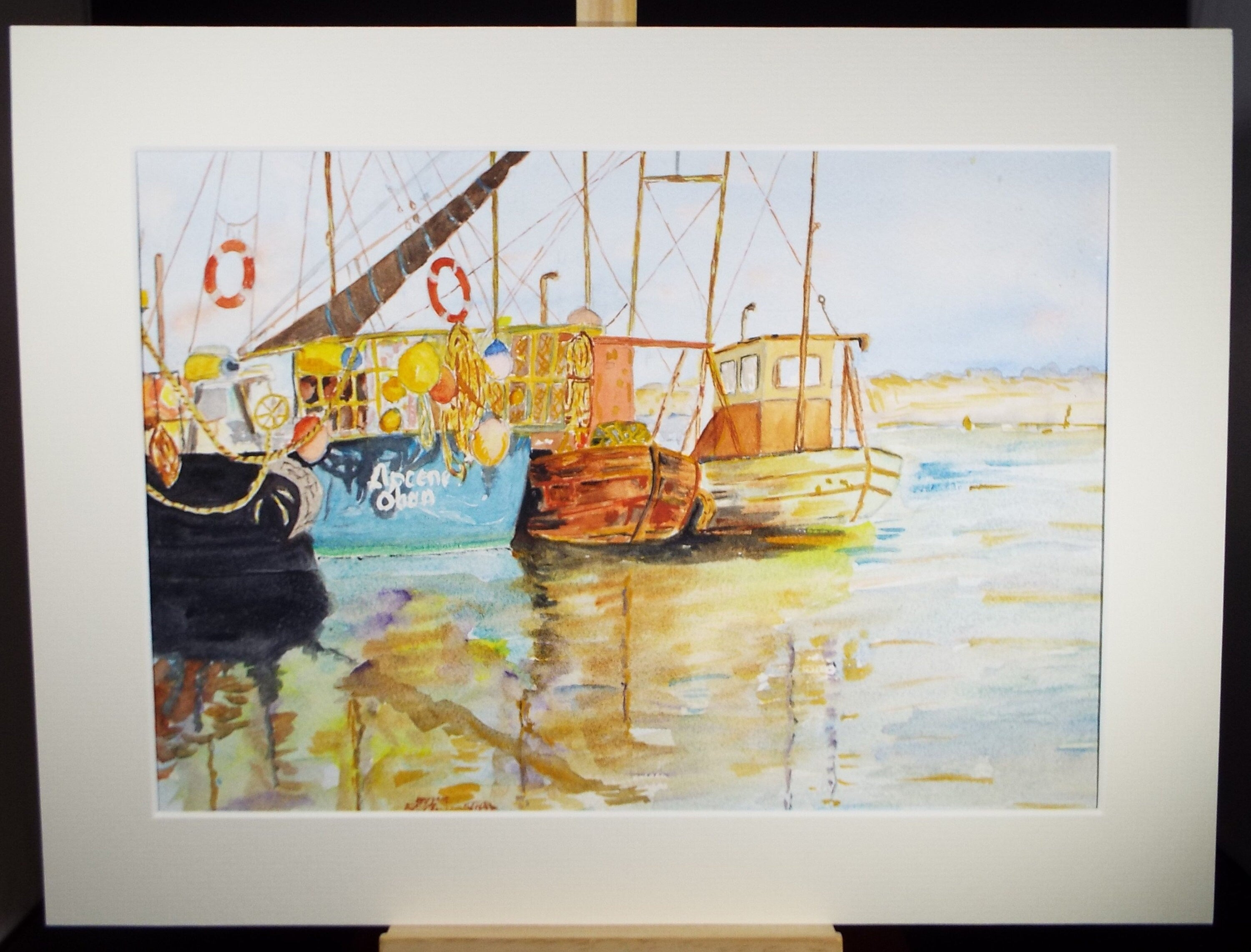 Original Watercolour Drawing, 'Moored Fishing Boats', Circa 1990's, Artist Unknown