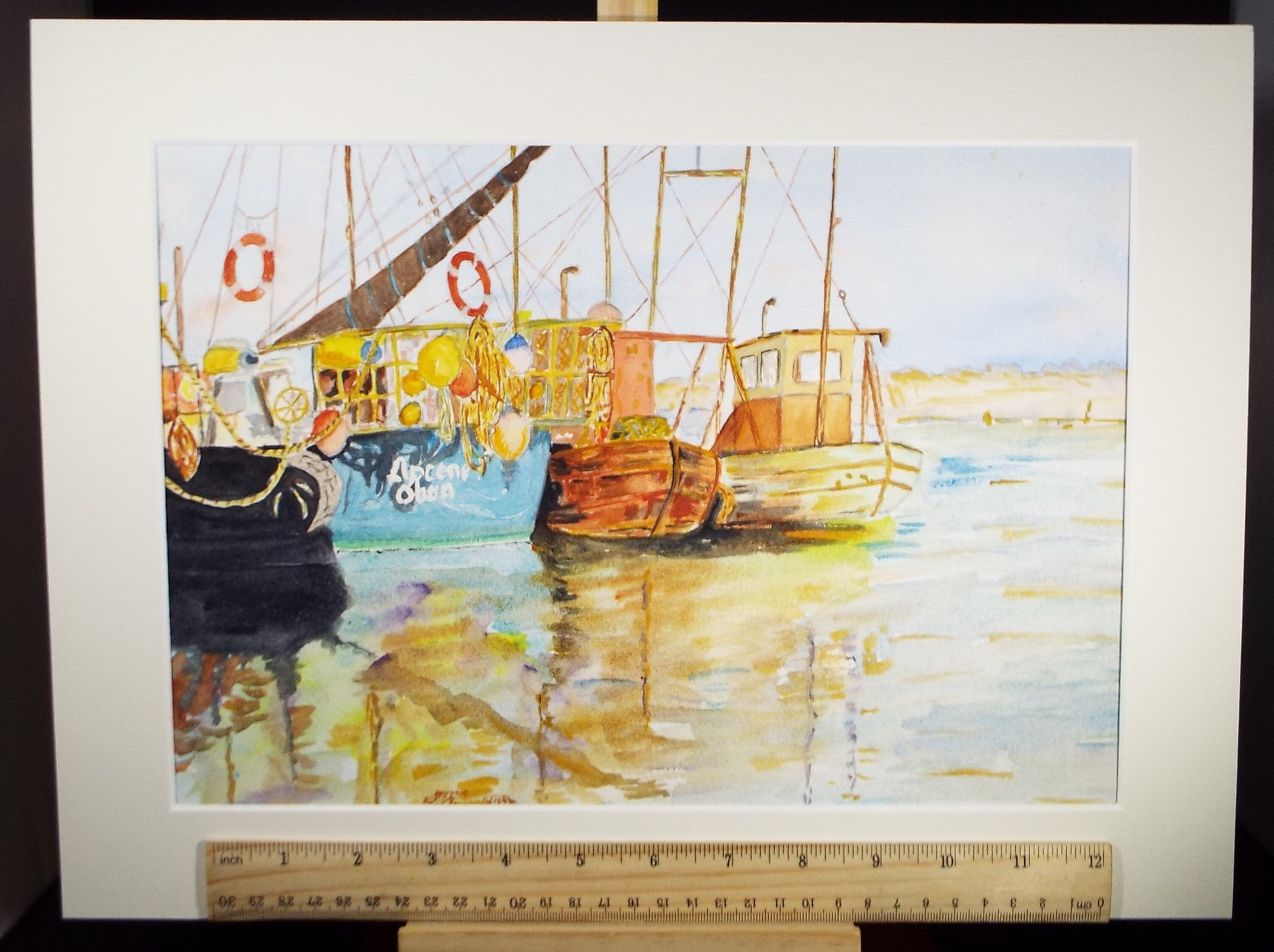 Original Watercolour Drawing, 'Moored Fishing Boats', Circa 1990's, Artist Unknown