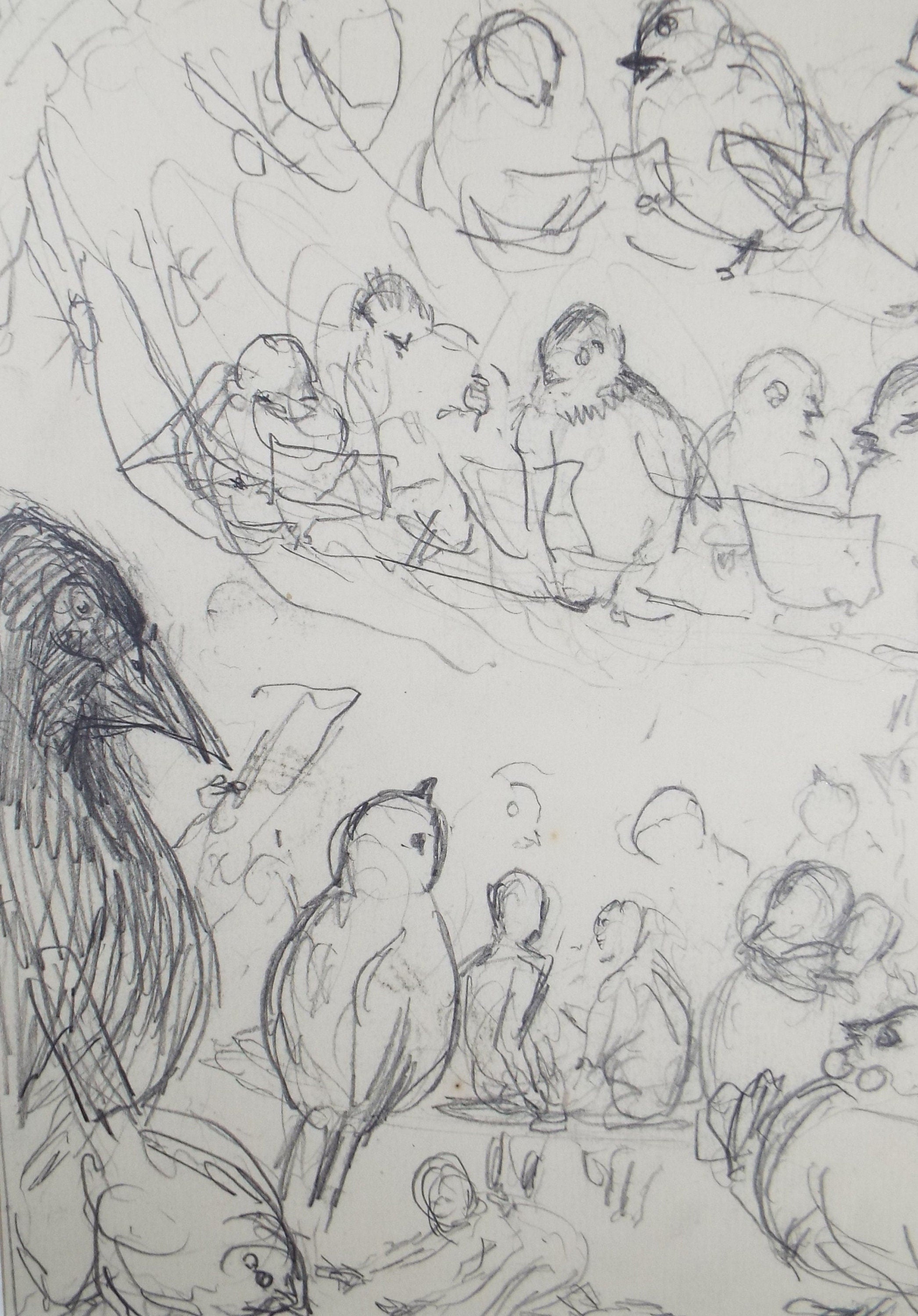 Original Pencil Sketch,'Bird Choir', Leonard Leslie Brooke (1862 - 1940), Late 19th Century