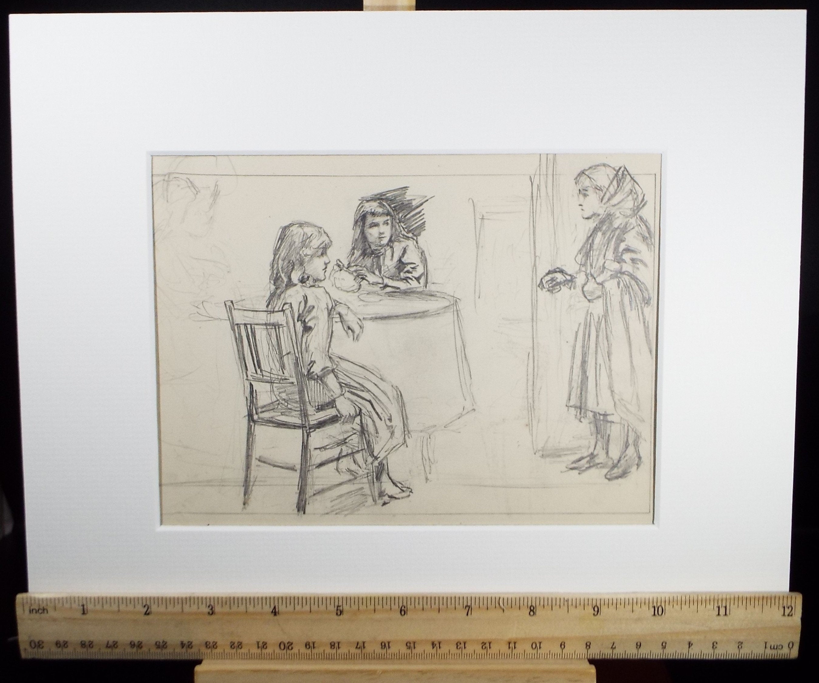 Original Pencil Sketch,'Girls at the Table', Leonard Leslie Brooke (1862 - 1940), Late 19th Century