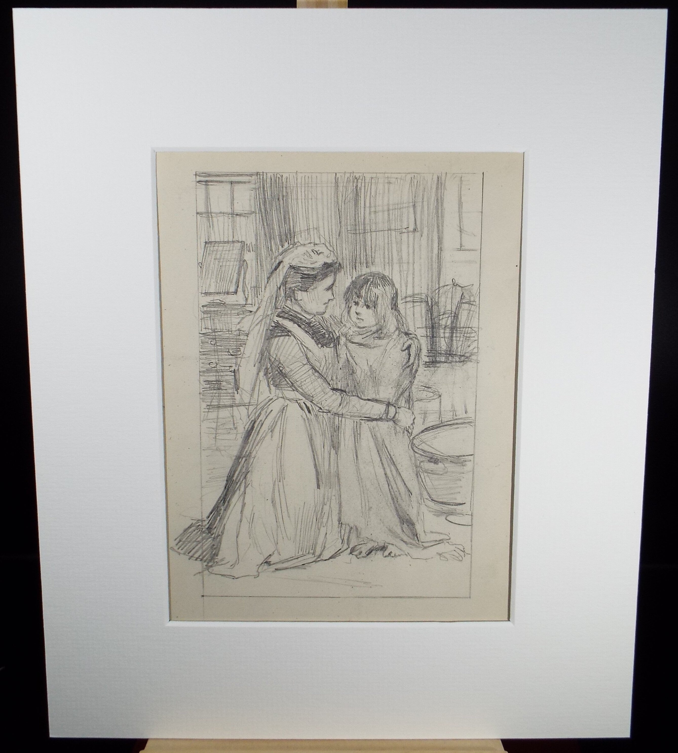 Original Pencil Sketch,'Child with Nanny', Leonard Leslie Brooke (1862 - 1940), Late 19th Century