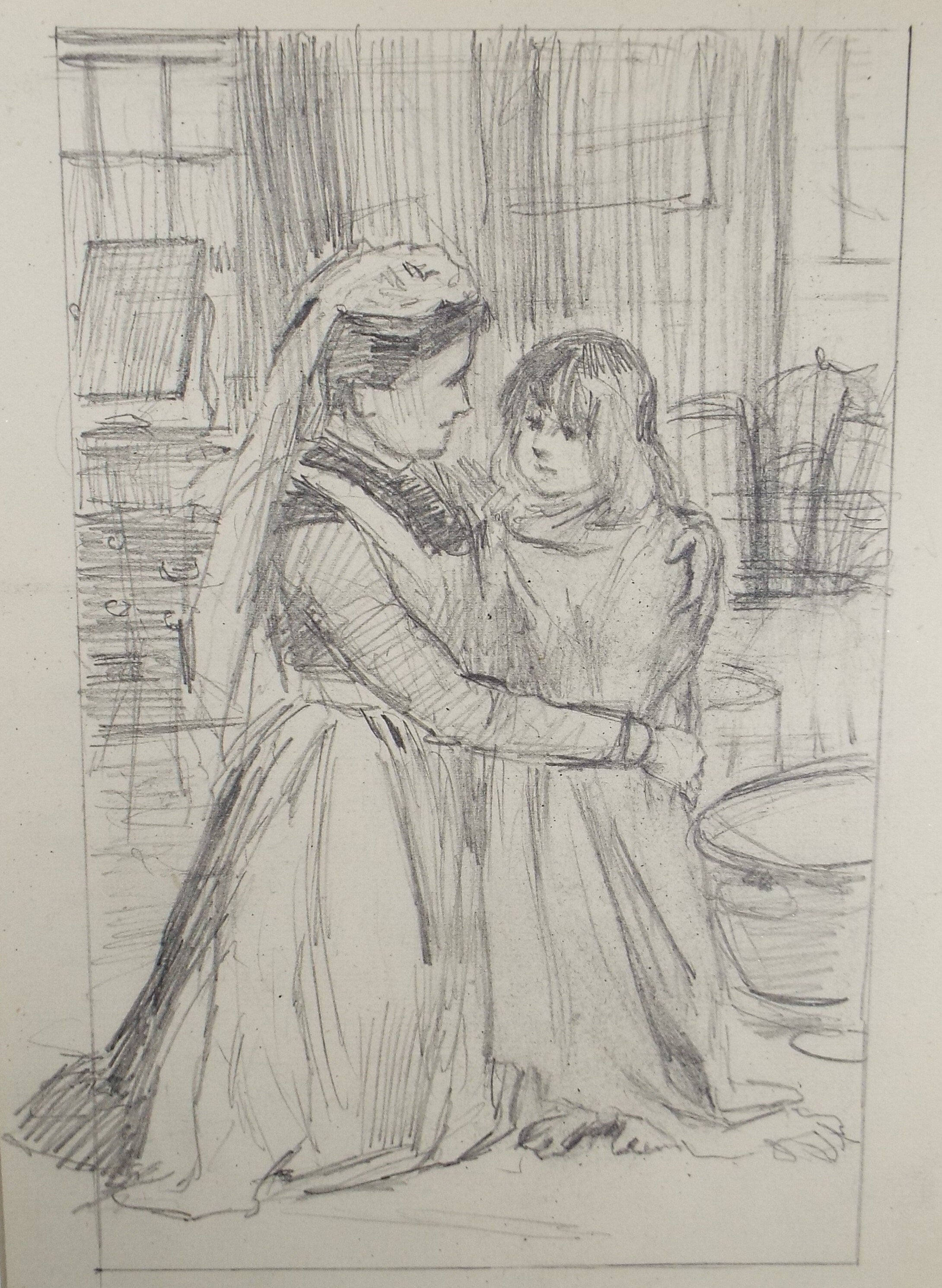 Original Pencil Sketch,'Child with Nanny', Leonard Leslie Brooke (1862 - 1940), Late 19th Century