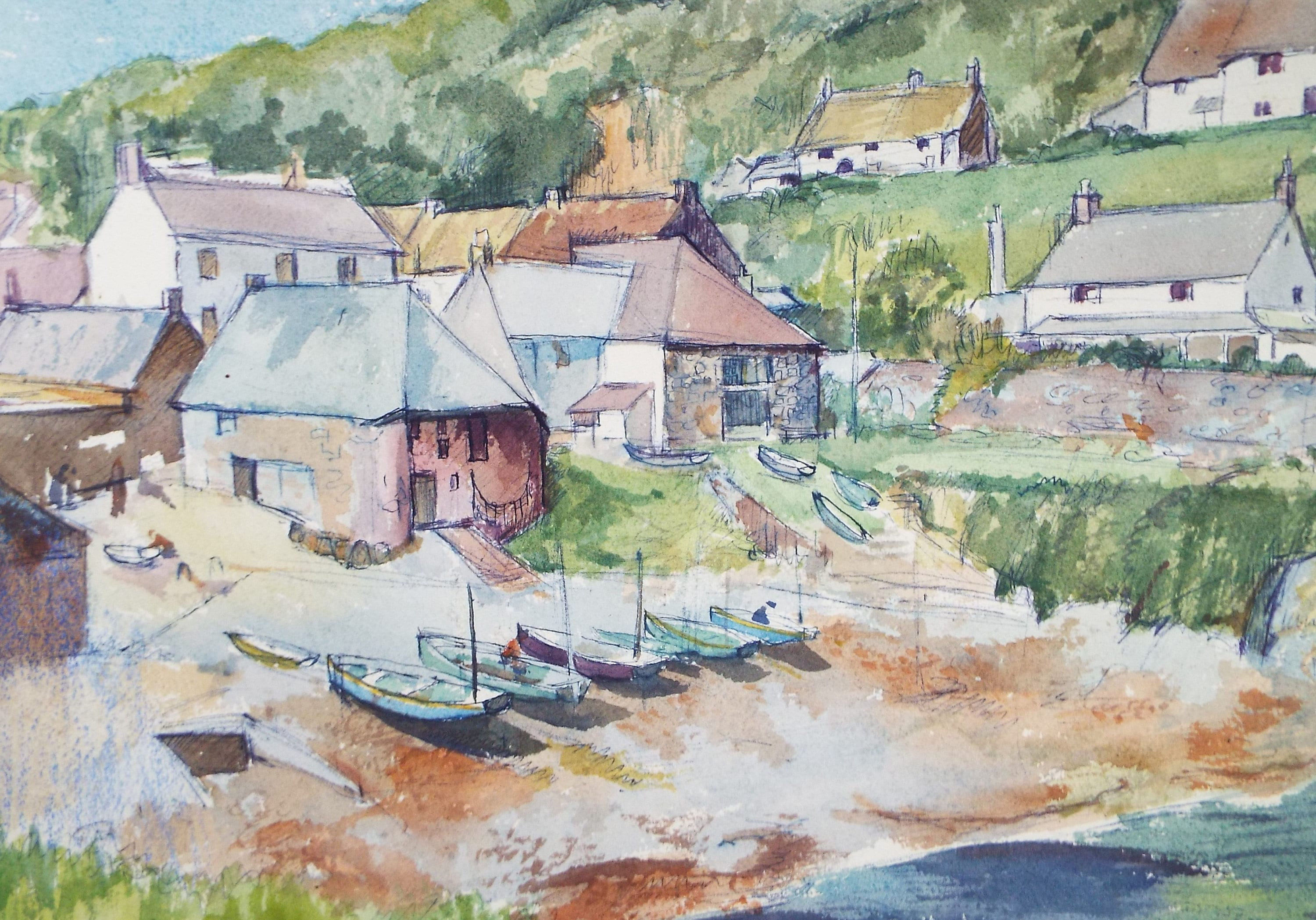 Original Watercolour, 'Fishing Village', Artist Unknown, Circa 1980's