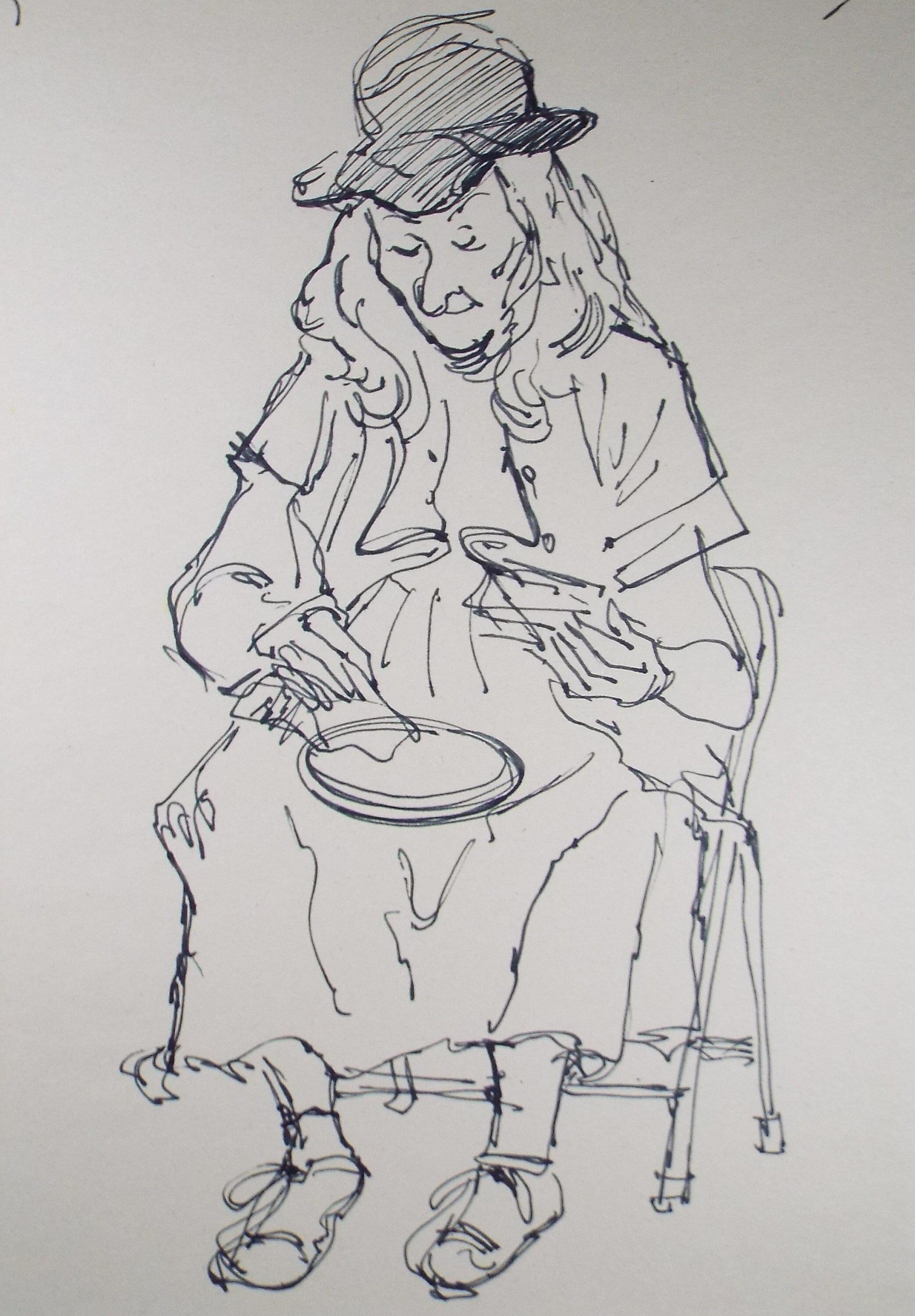 Original Pen & Ink Sketch,'Seated Figure with plate',Richard Bazley b1962, Circa 1980's