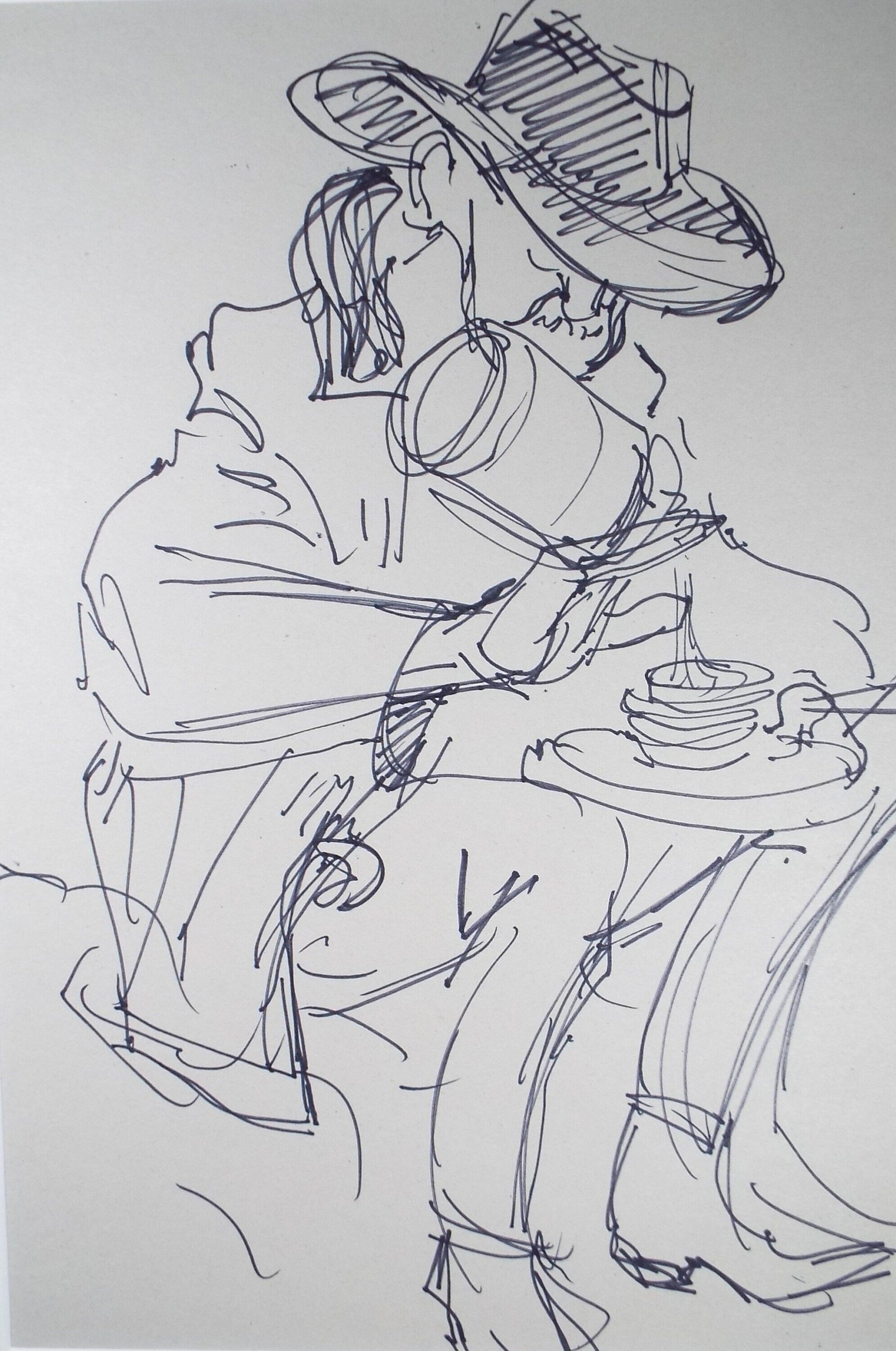 Original Pen & Ink Sketch,'Cowboy pouring coffee',Richard Bazley b1962, Circa 1980's