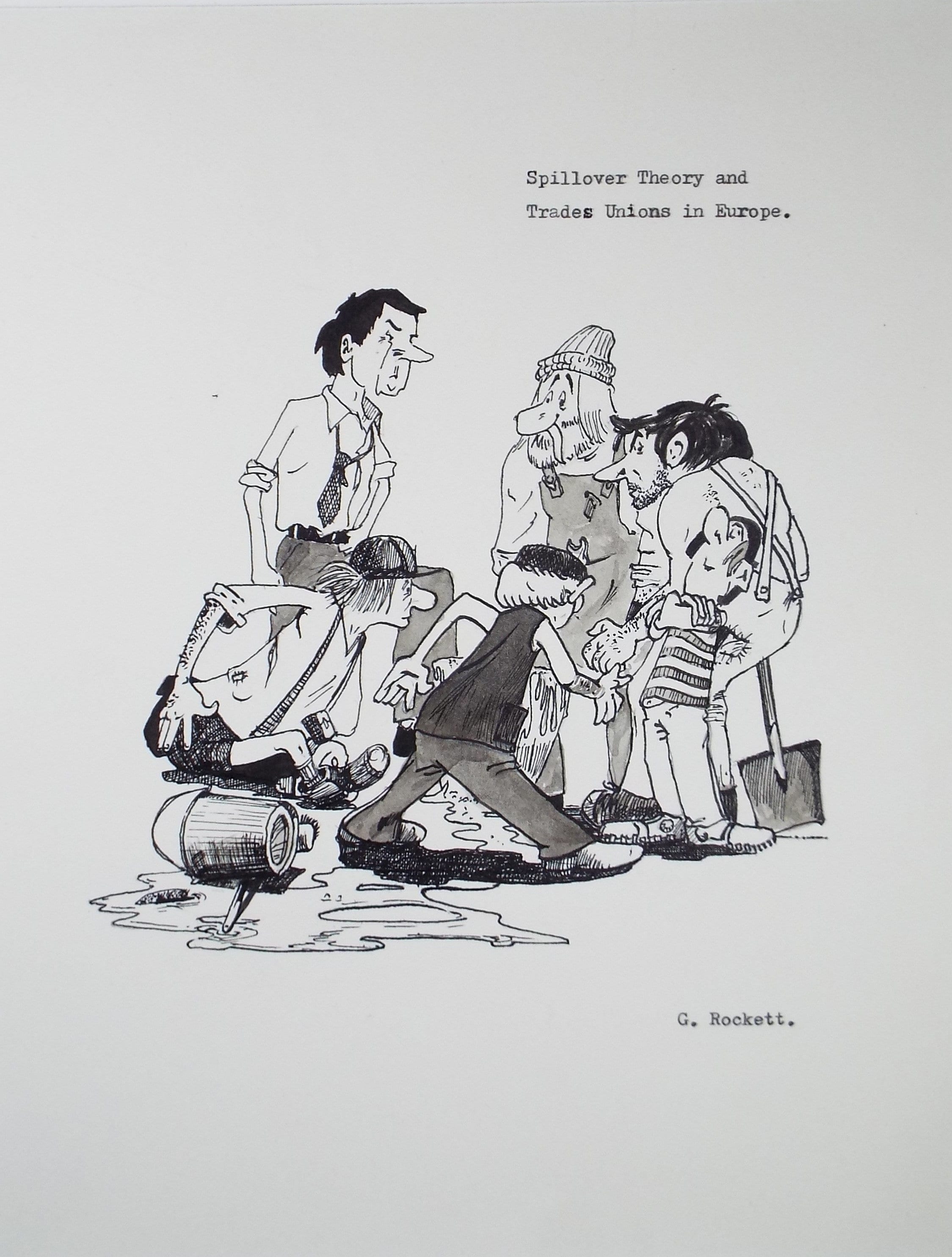 Original Pen & ink, 'Trades Unions in Europe', G . Rockett, circa 1980's