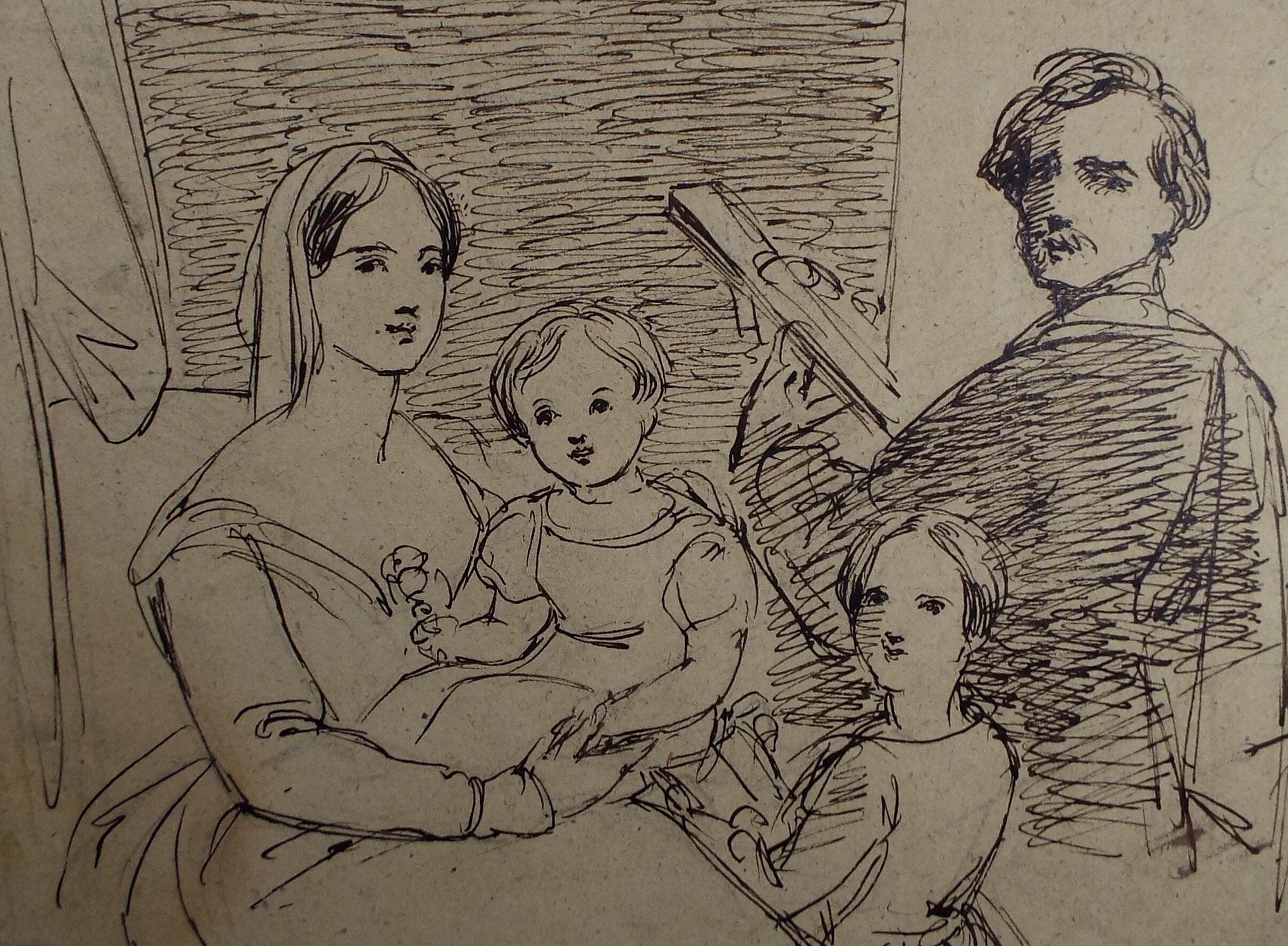 Original Pen & ink Drawing,'Family Portrait', John Wood (1801-1870)