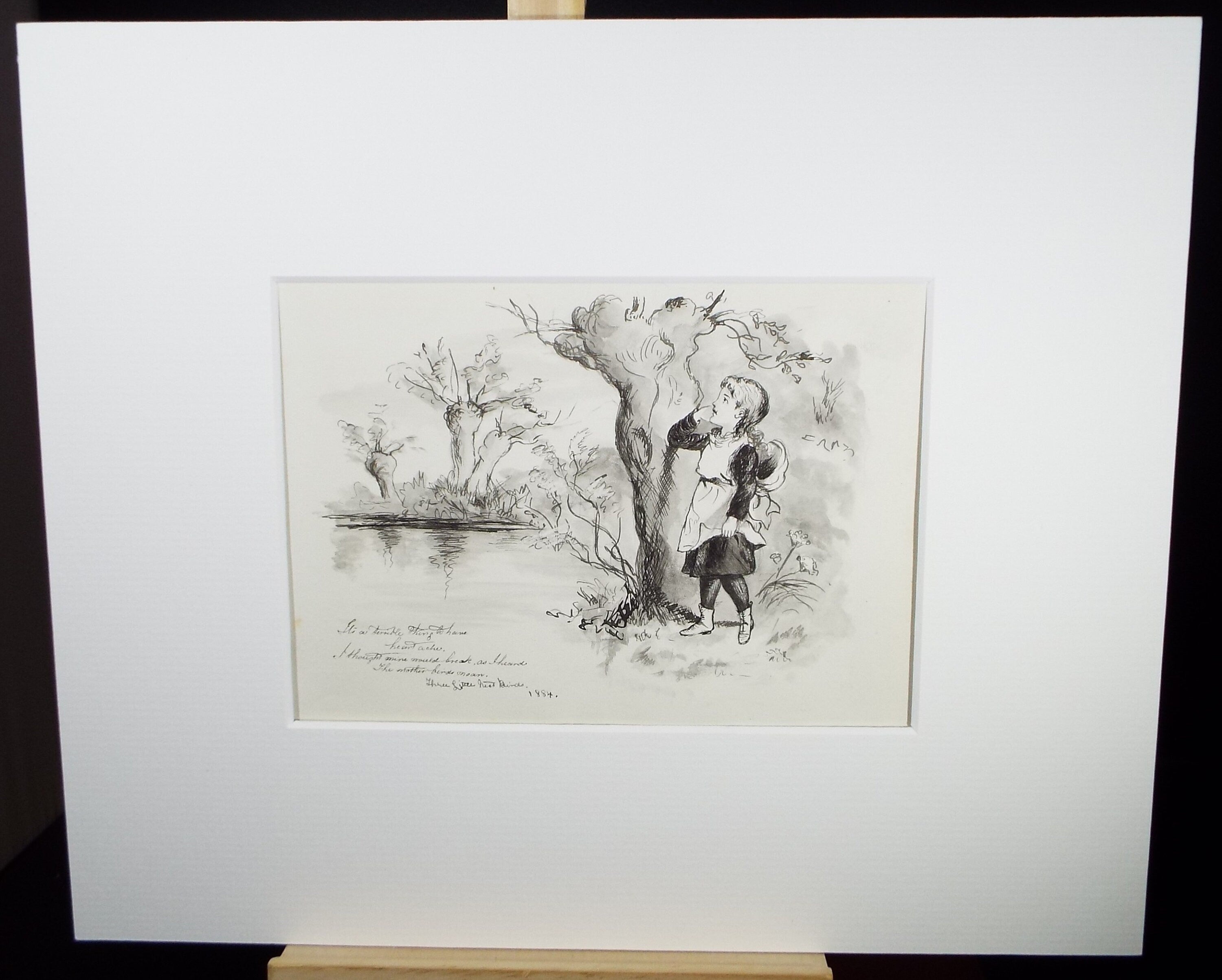 Original Pen & Ink Sketch, 'Girl in Woodland', Dated 1884, Artist Unknown