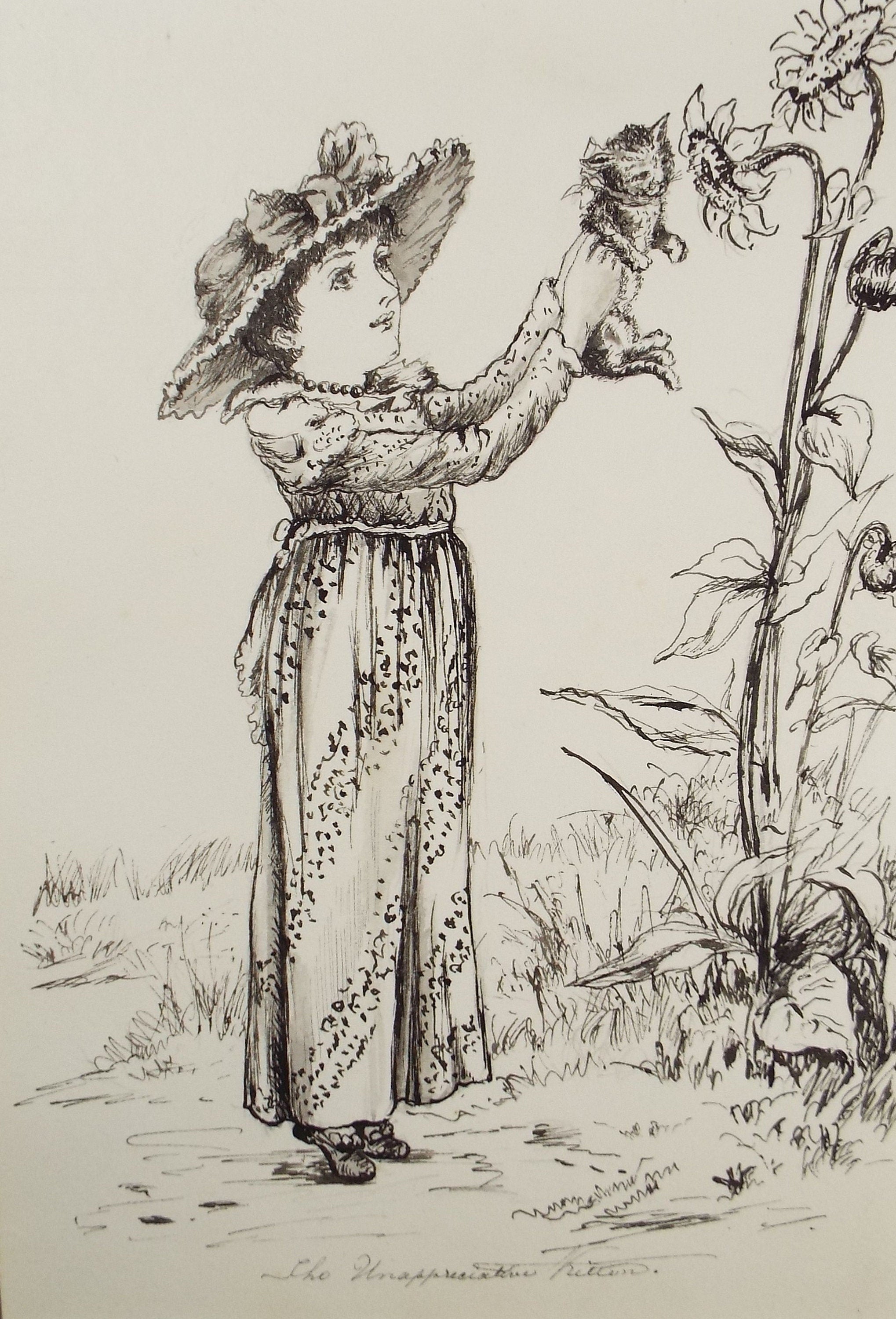 Original Pen & Ink Sketch, 'The Unappreciative Kitten', Circa 1880's, Artist Unknown