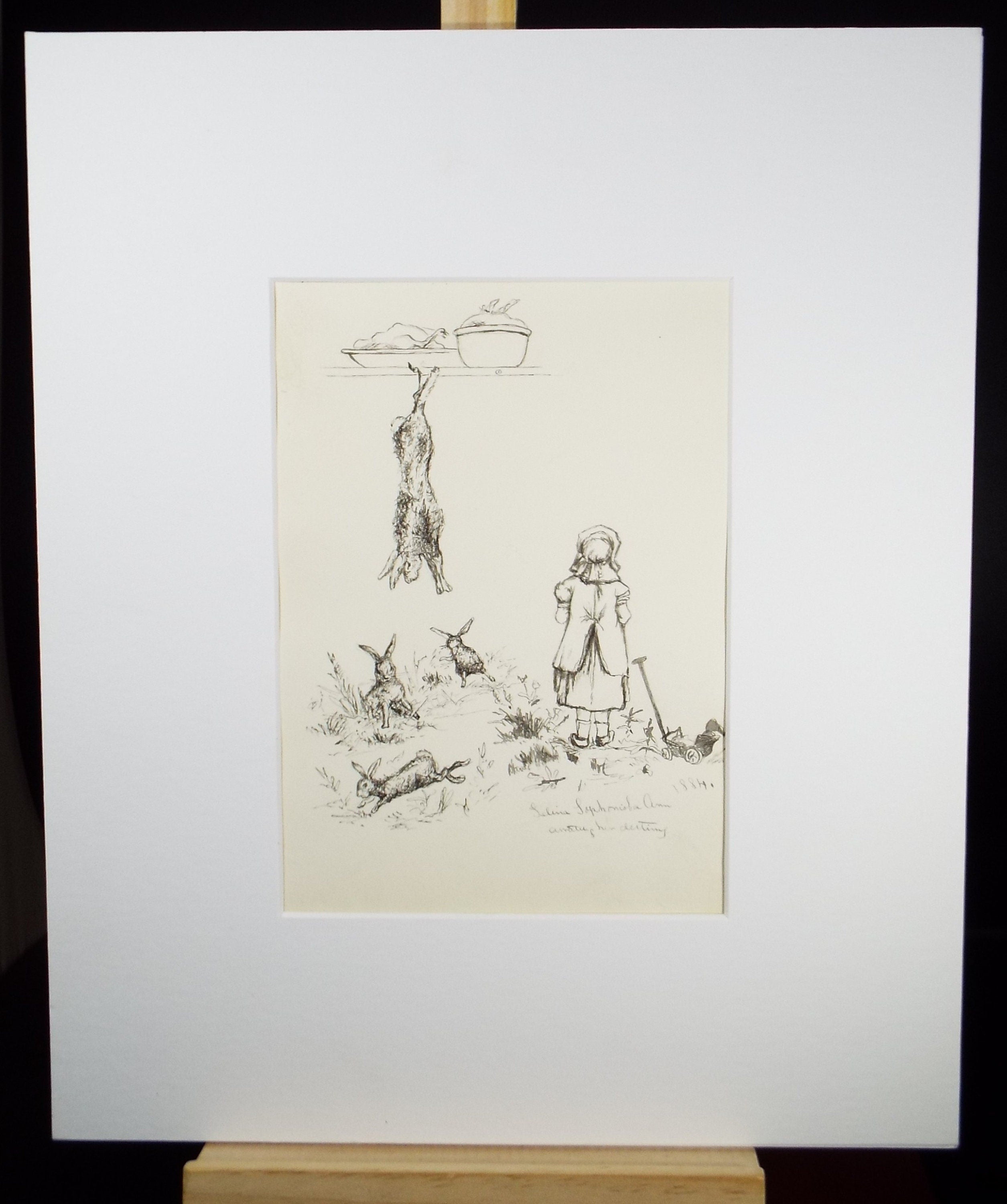 Original Pen & Ink Sketch, 'Girl with unfortunate Rabbits', Dated 1884, Artist Unknown