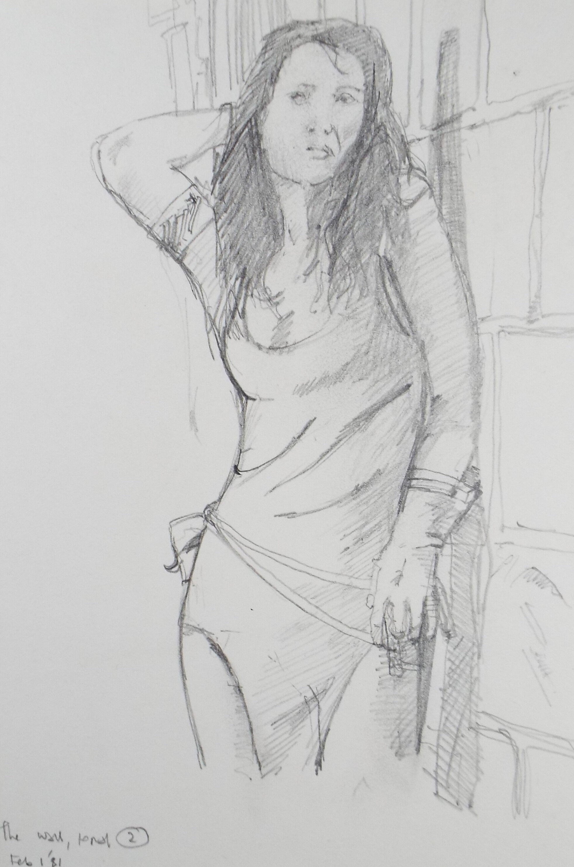 Original Pencil Drawing 'Woman leaning against a wall', dated 1981, Allen T. Adams (b1953)