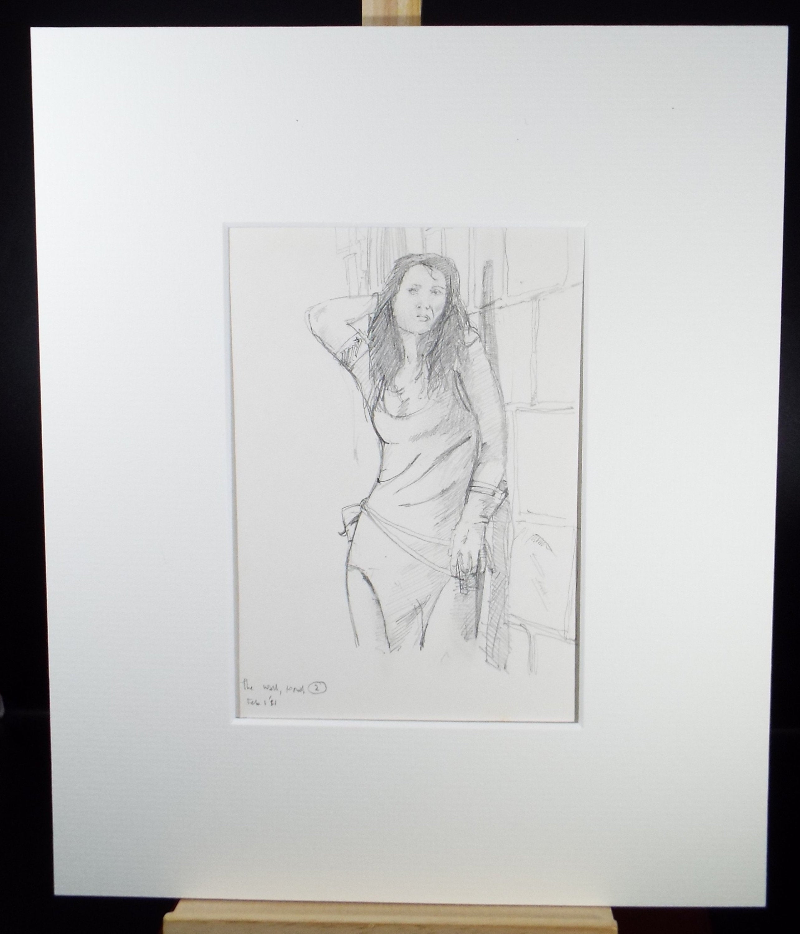 Original Pencil Drawing 'Woman leaning against a wall', dated 1981, Allen T. Adams (b1953)