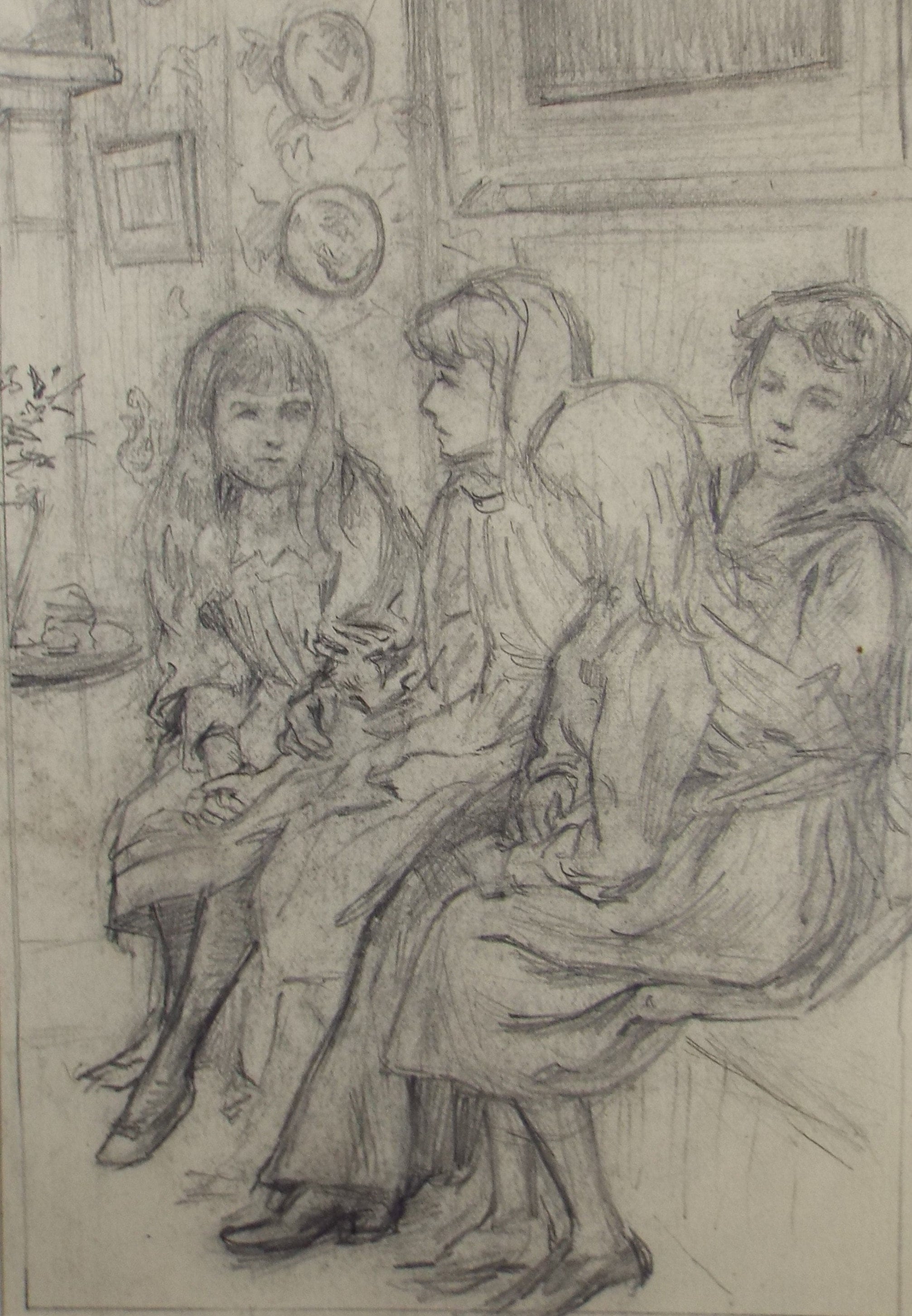 Original Pencil Sketch,'Study of Seated Children', Leonard Leslie Brooke (1862 - 1940), Late 19th Century