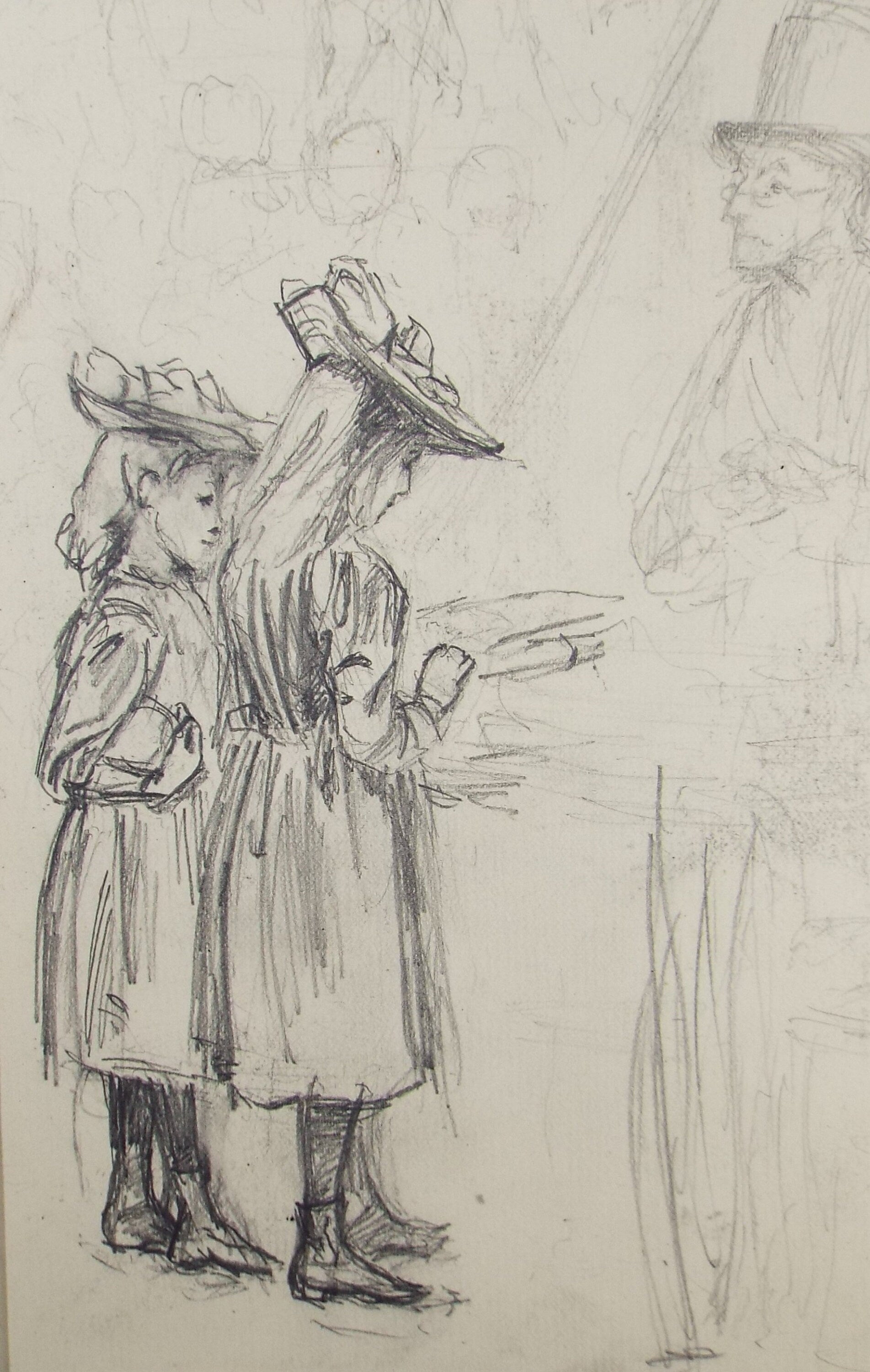 Original Pencil Sketch,'Two Girls and a Gentleman', Leonard Leslie Brooke (1862 - 1940), Late 19th Century