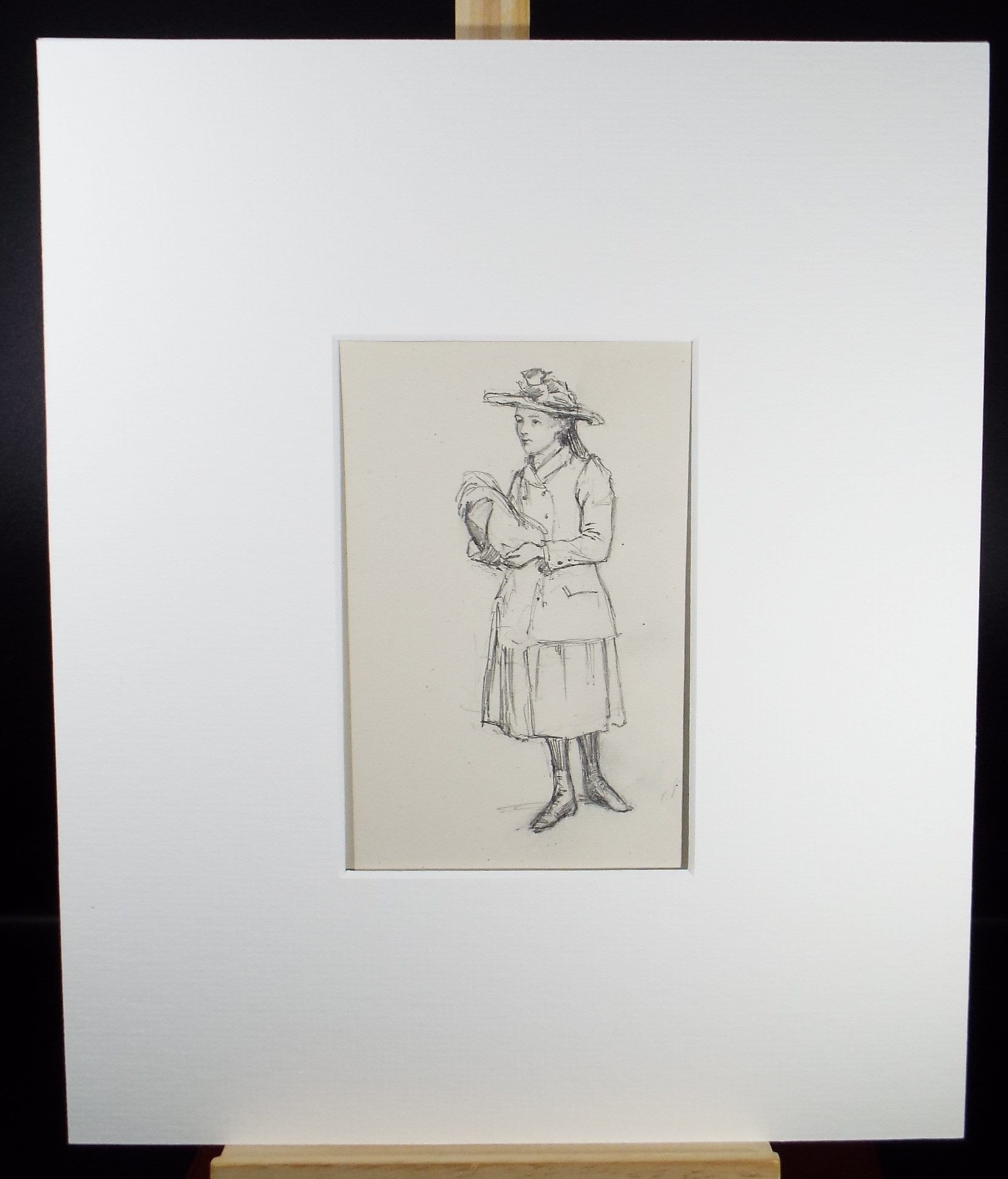 Original Pencil Sketch,'Study of a Girl carrying a parcel', Leonard Leslie Brooke (1862 - 1940), Late 19th Century