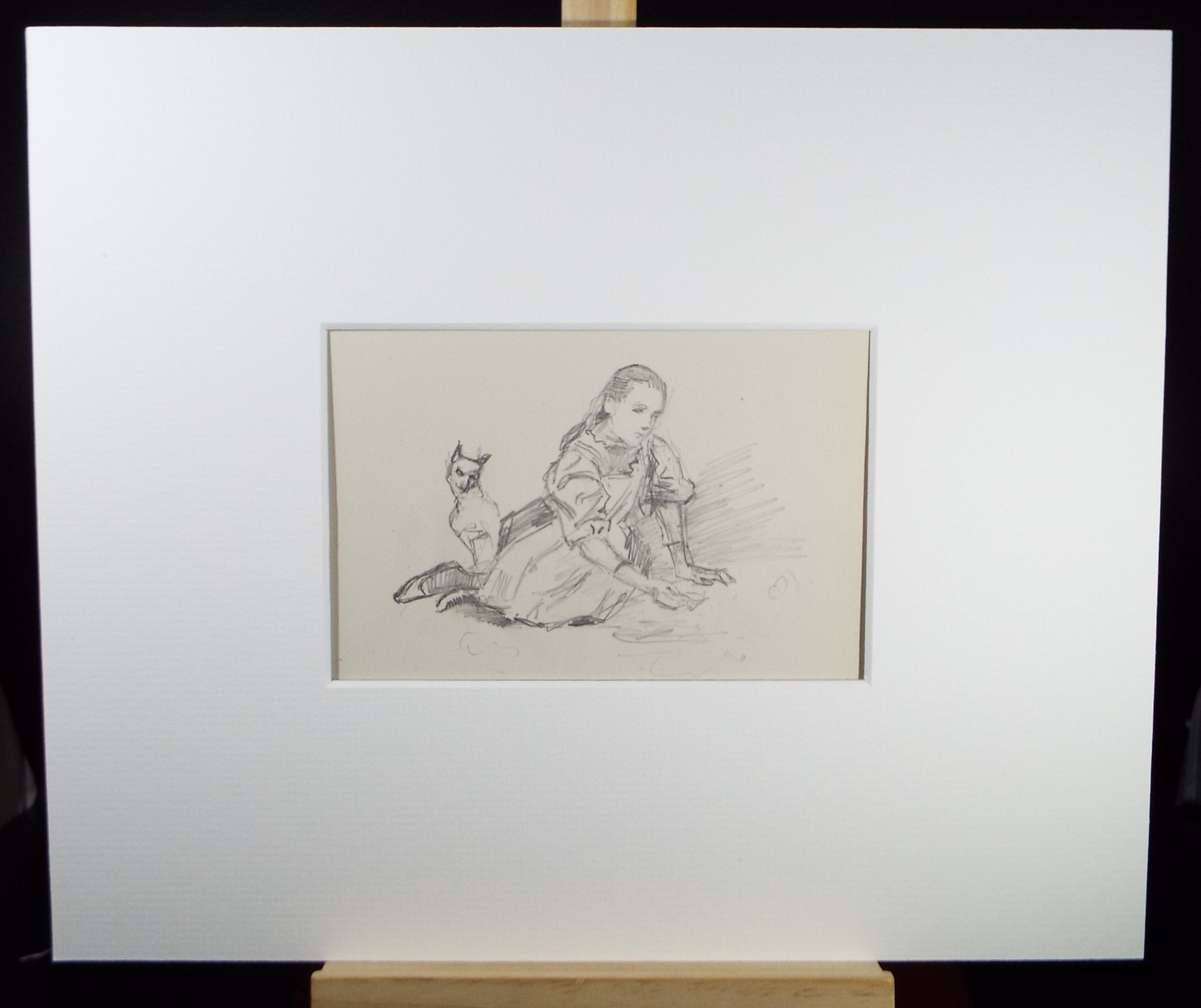 Original Pencil Sketch,'Girl with pet terrier', Leonard Leslie Brooke (1862 - 1940), Late 19th Century