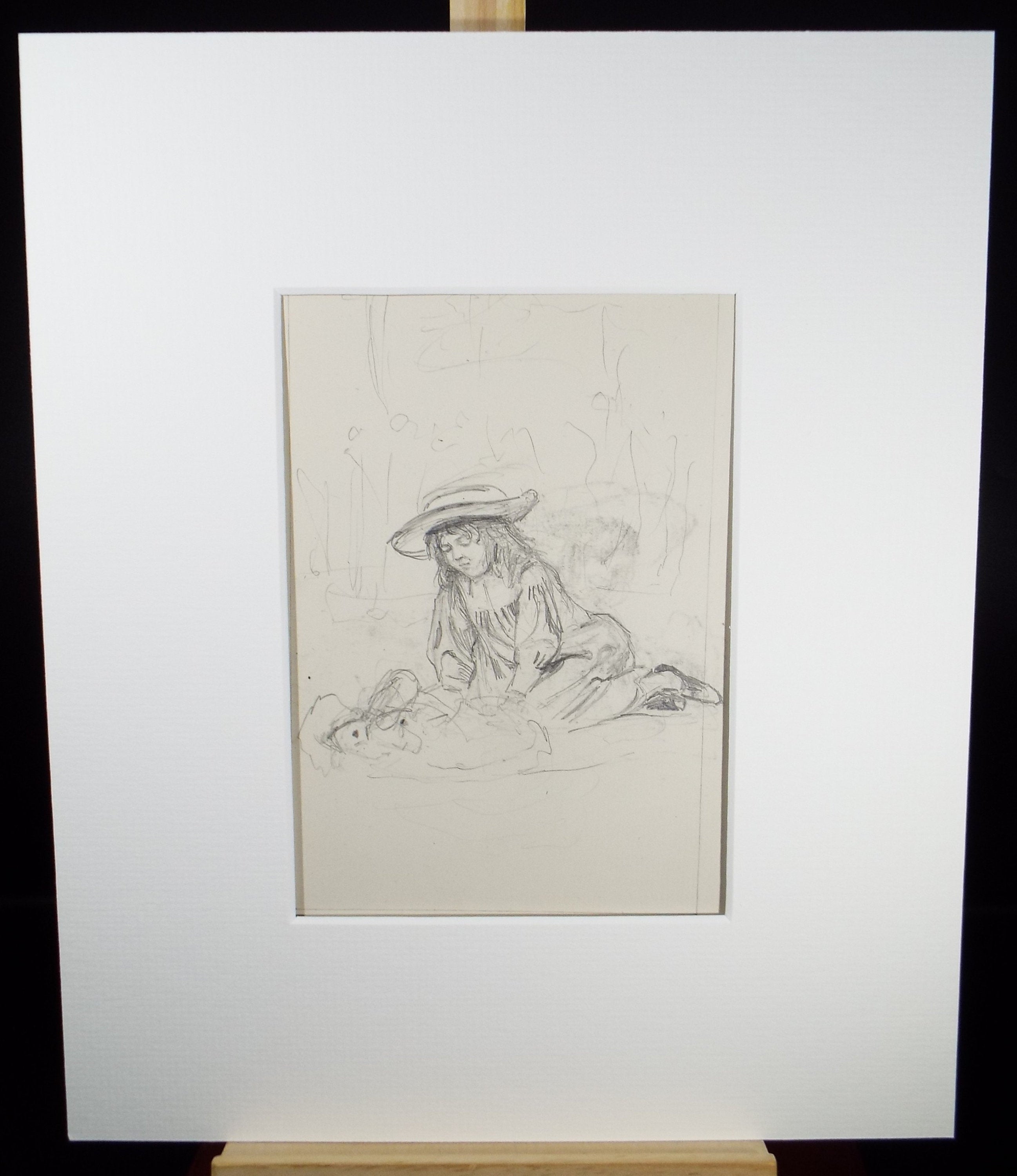 Original Pencil Sketch,'Girl with Baby', Leonard Leslie Brooke (1862 - 1940), Late 19th Century