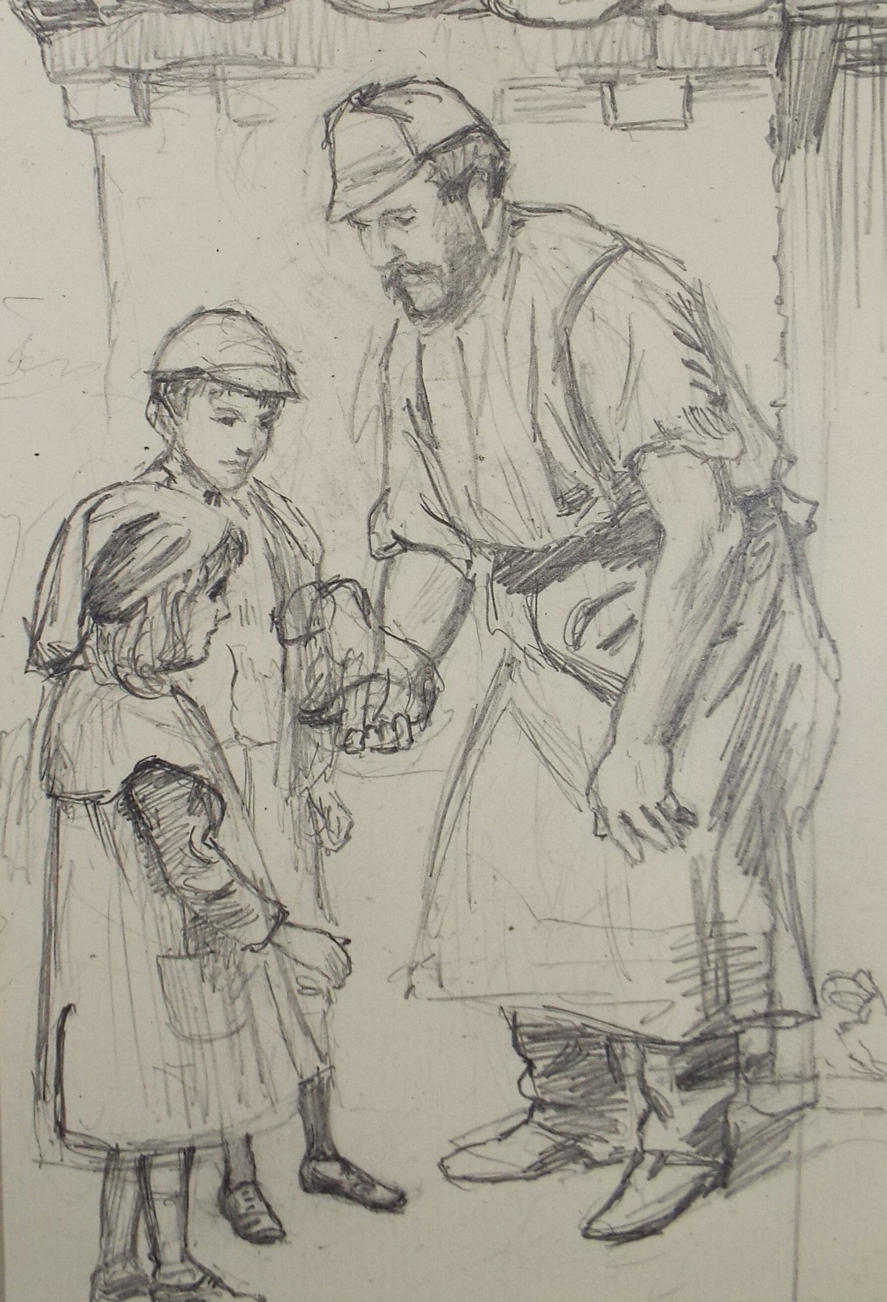 Original Pencil Sketch,'Children with Blacksmith', Leonard Leslie Brooke (1862 - 1940), Late 19th Century