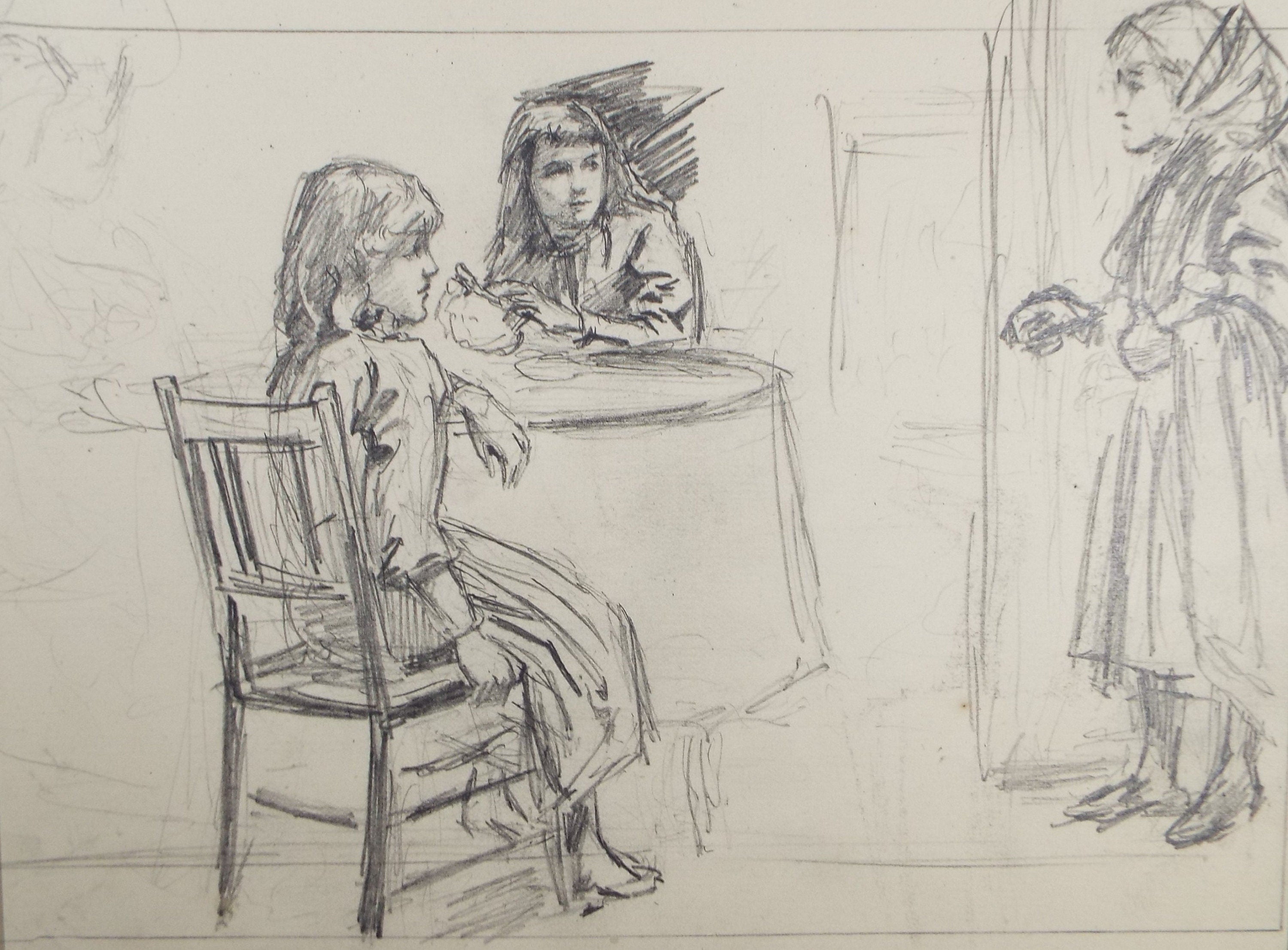 Original Pencil Sketch,'Girls at the Table', Leonard Leslie Brooke (1862 - 1940), Late 19th Century