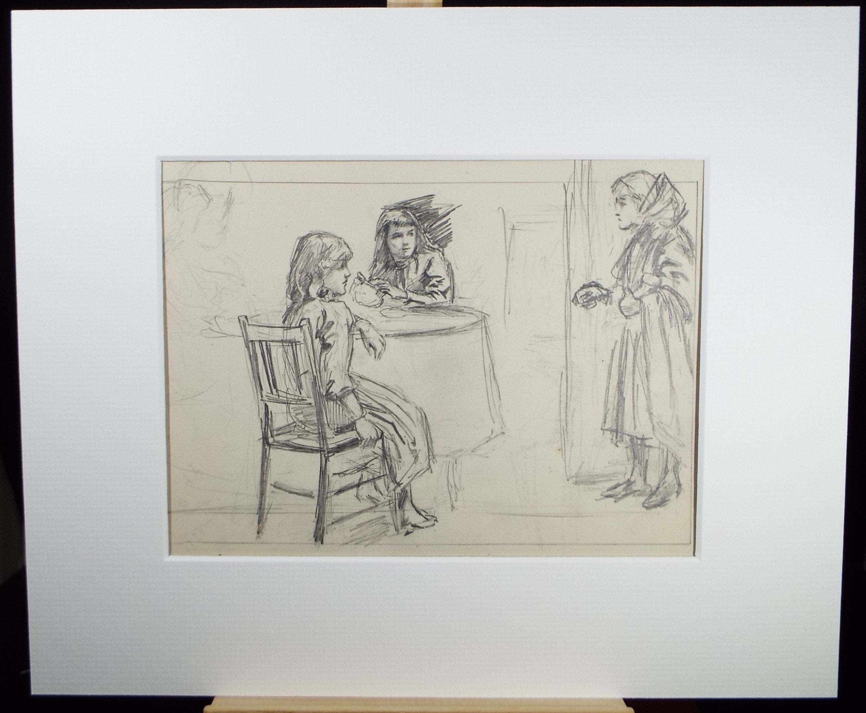 Original Pencil Sketch,'Girls at the Table', Leonard Leslie Brooke (1862 - 1940), Late 19th Century