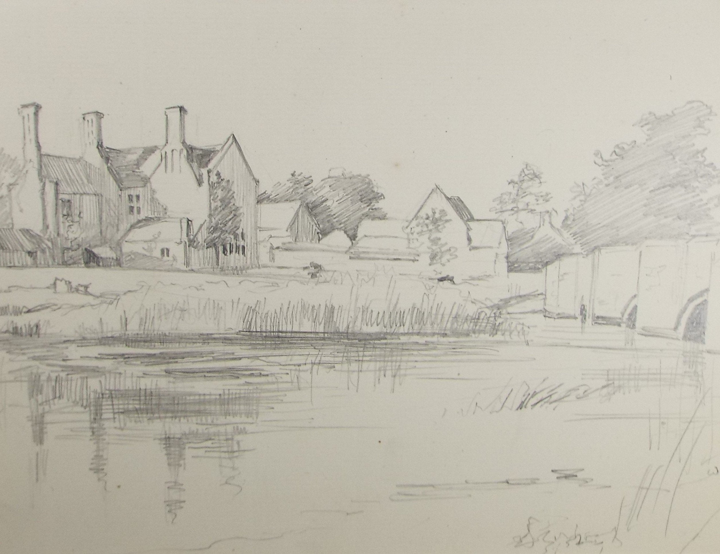 Original Pencil Sketch,'Manor House by the River', Leonard Leslie Brooke (1862 - 1940), Late 19th Century