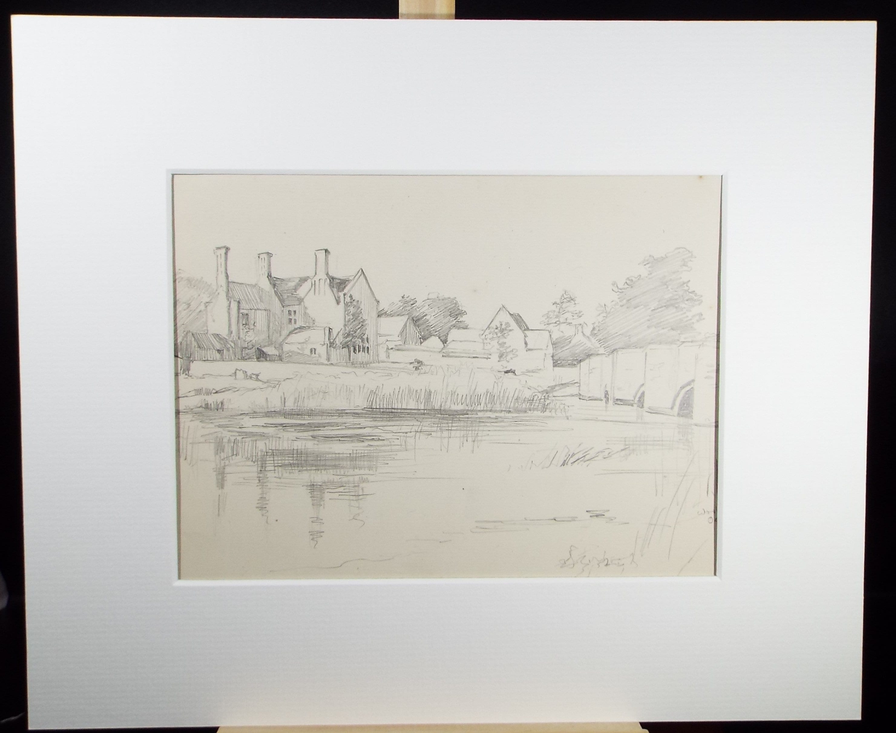 Original Pencil Sketch,'Manor House by the River', Leonard Leslie Brooke (1862 - 1940), Late 19th Century