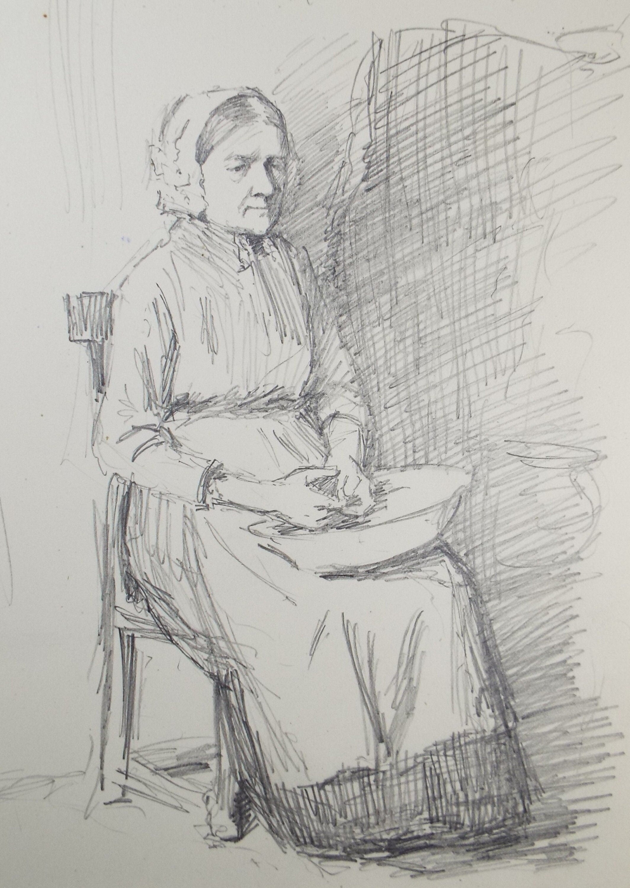 Original Pencil Sketch,'Woman shelling peas', Leonard Leslie Brooke (1862 - 1940), Late 19th Century