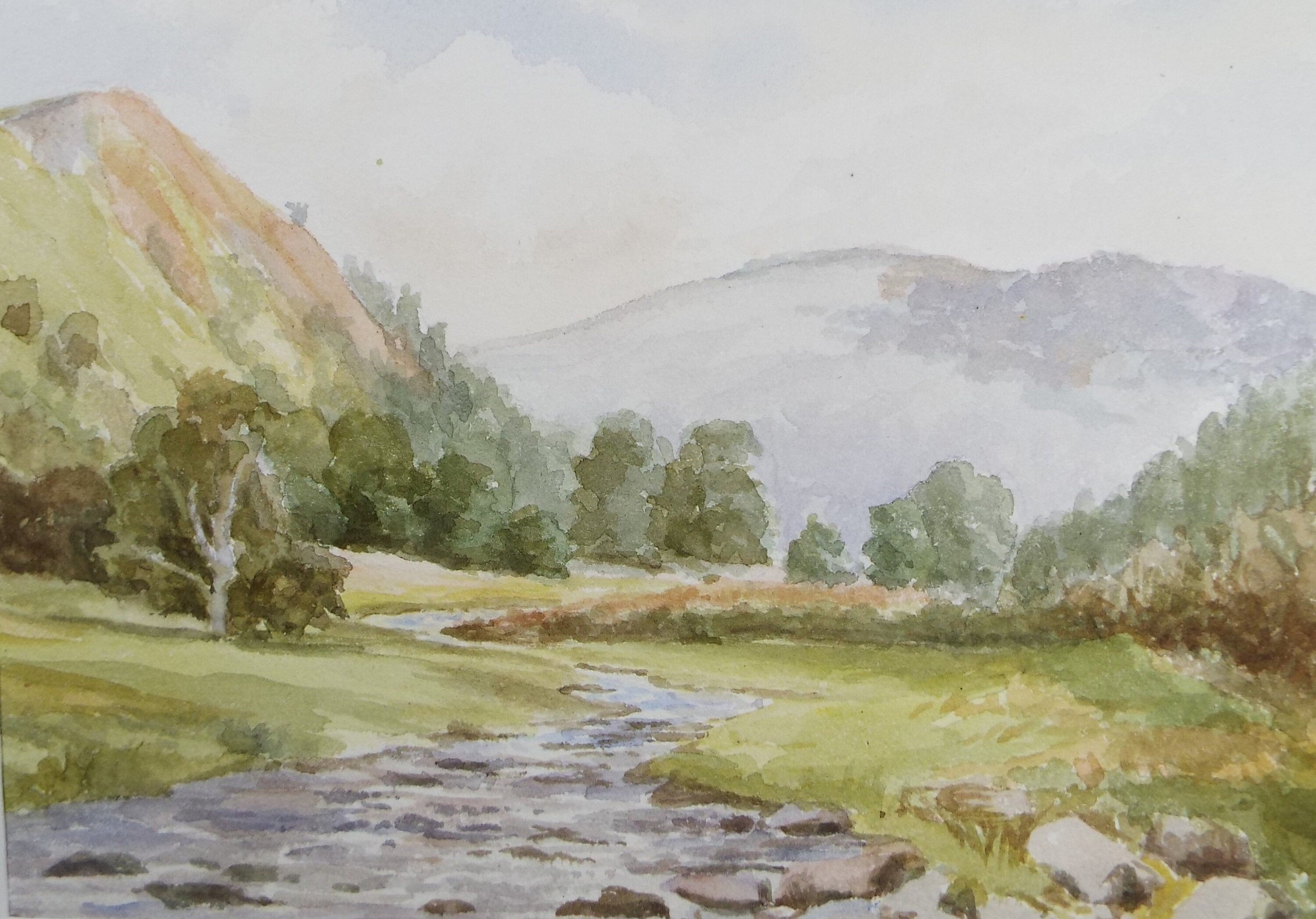 Original Watercolour Sketch, 'Highland Stream with distant hills', c1910, Unknown Artist