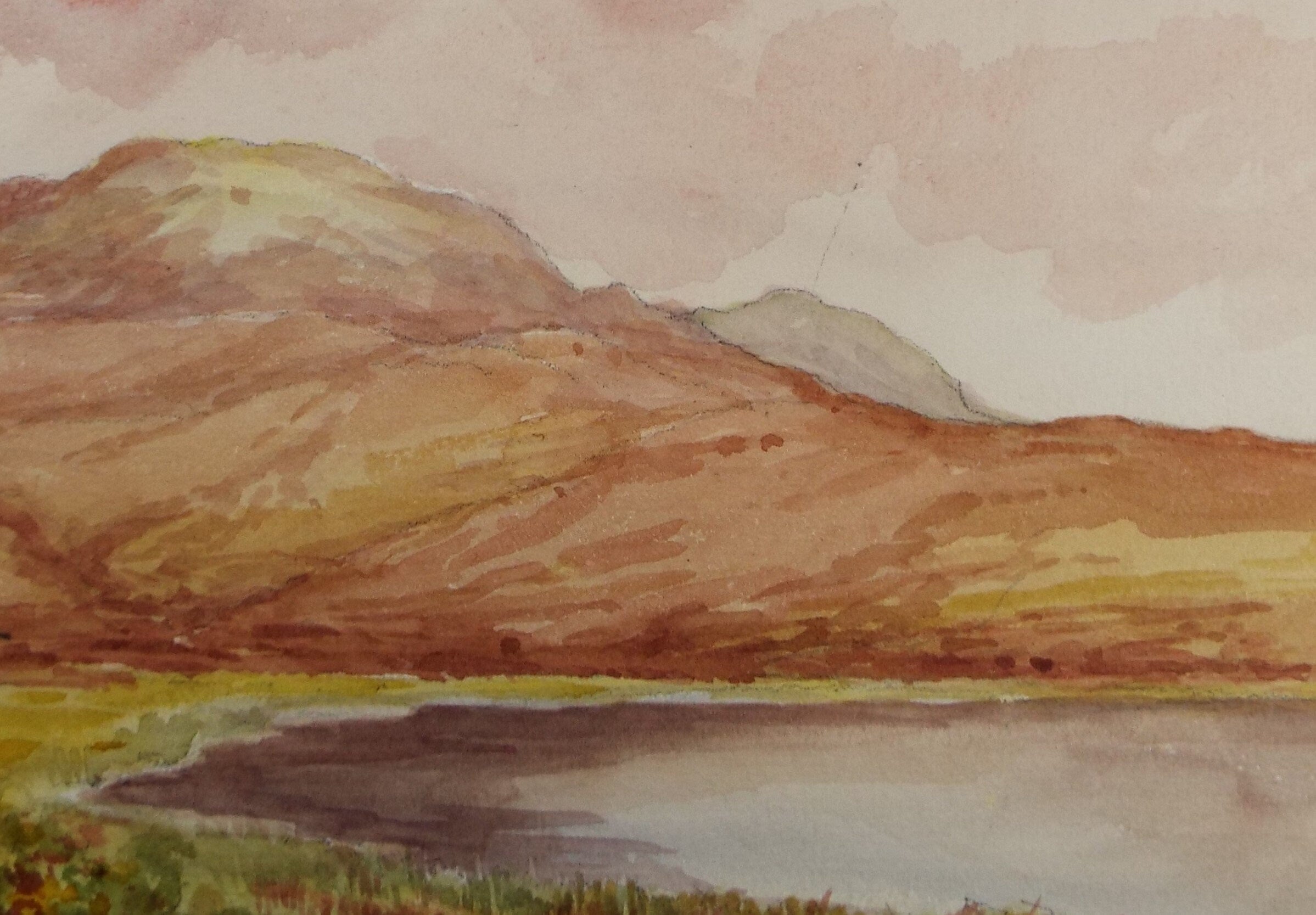 Original Watercolour Sketch, 'Loch and heather hills' , c1910, Unknown Artist