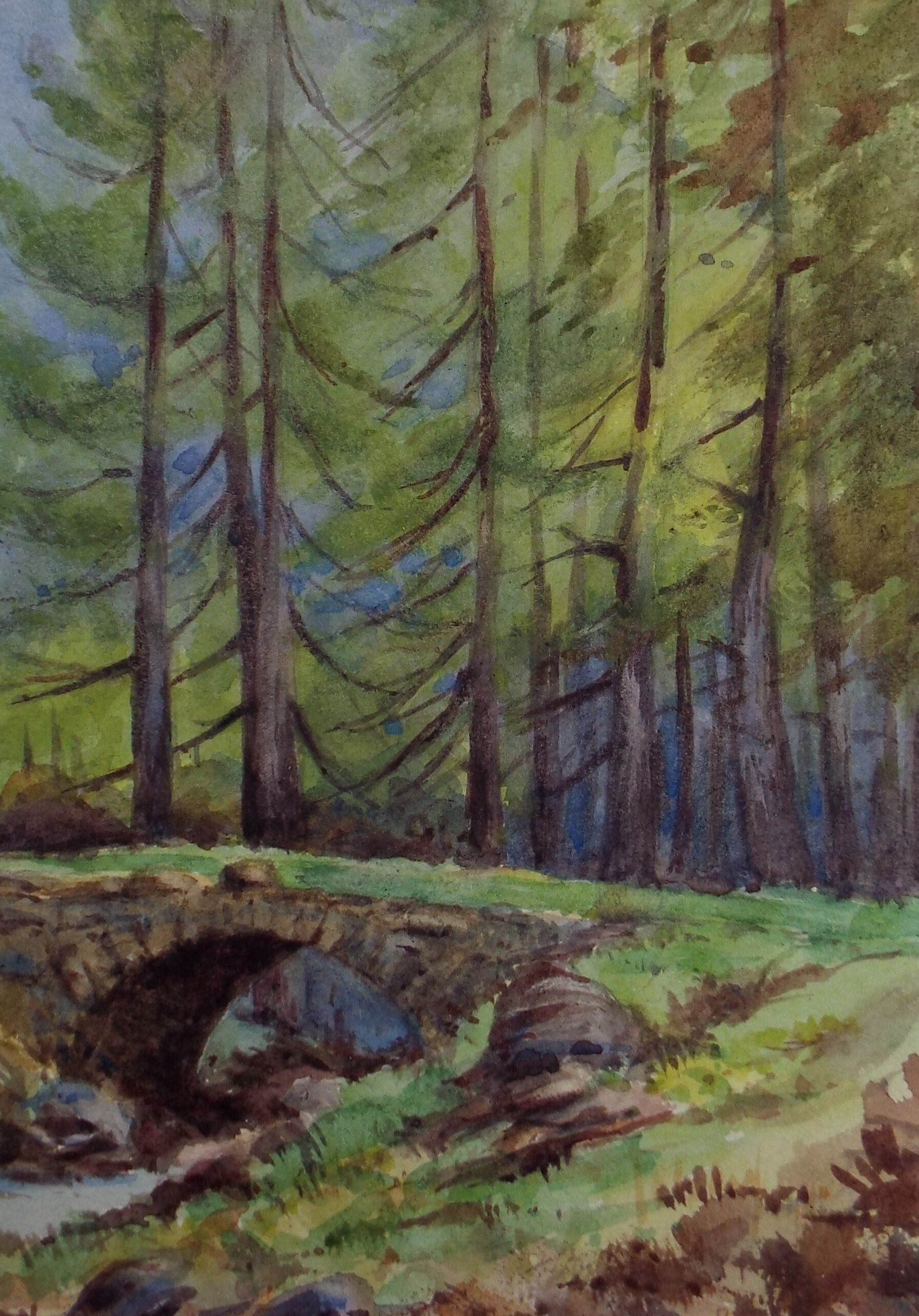 Original Watercolour Sketch, 'Stone Bridge with Pine Trees', c1910, Unknown Artist