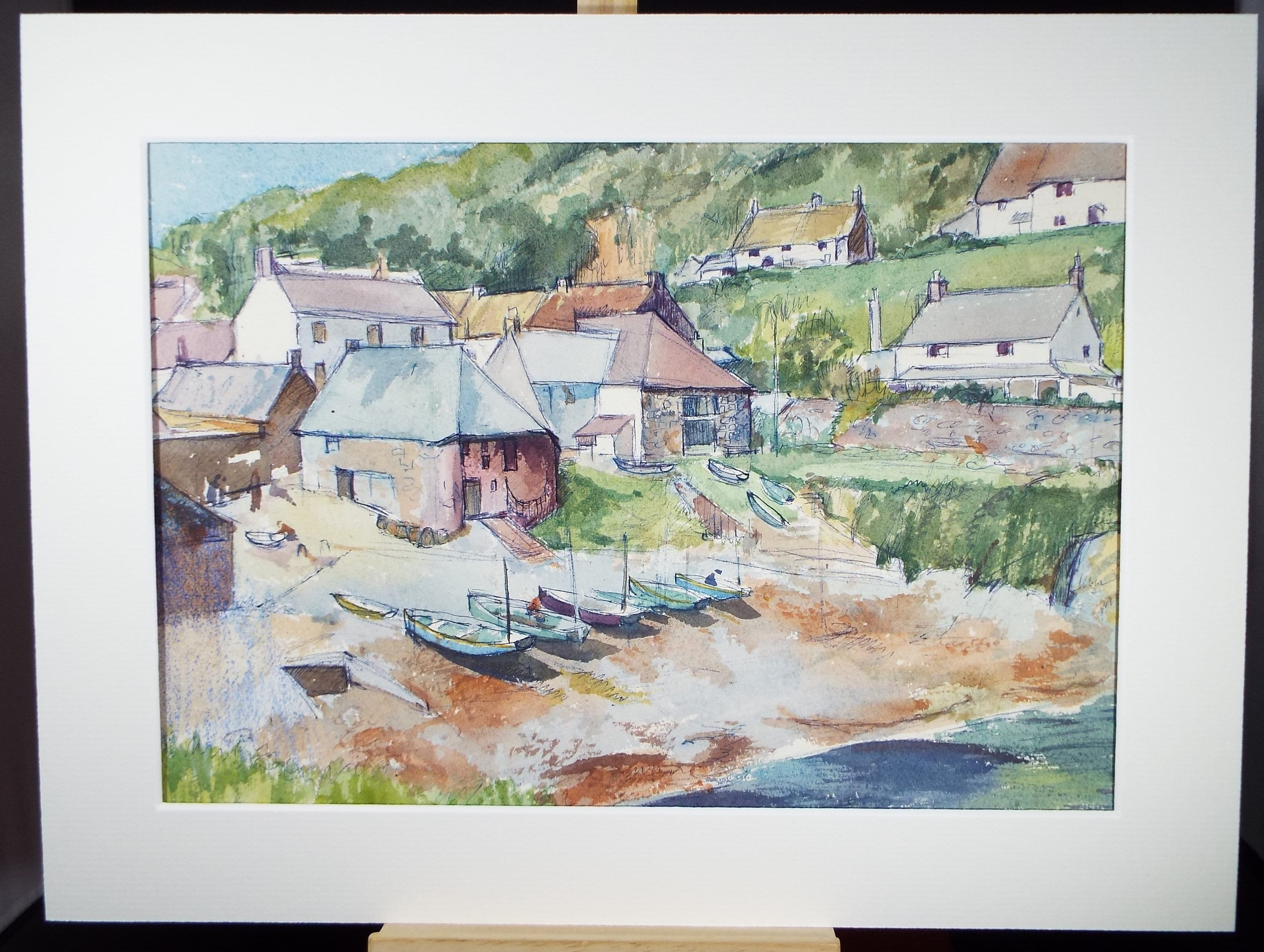 Original Watercolour, 'Fishing Village', Artist Unknown, Circa 1980's