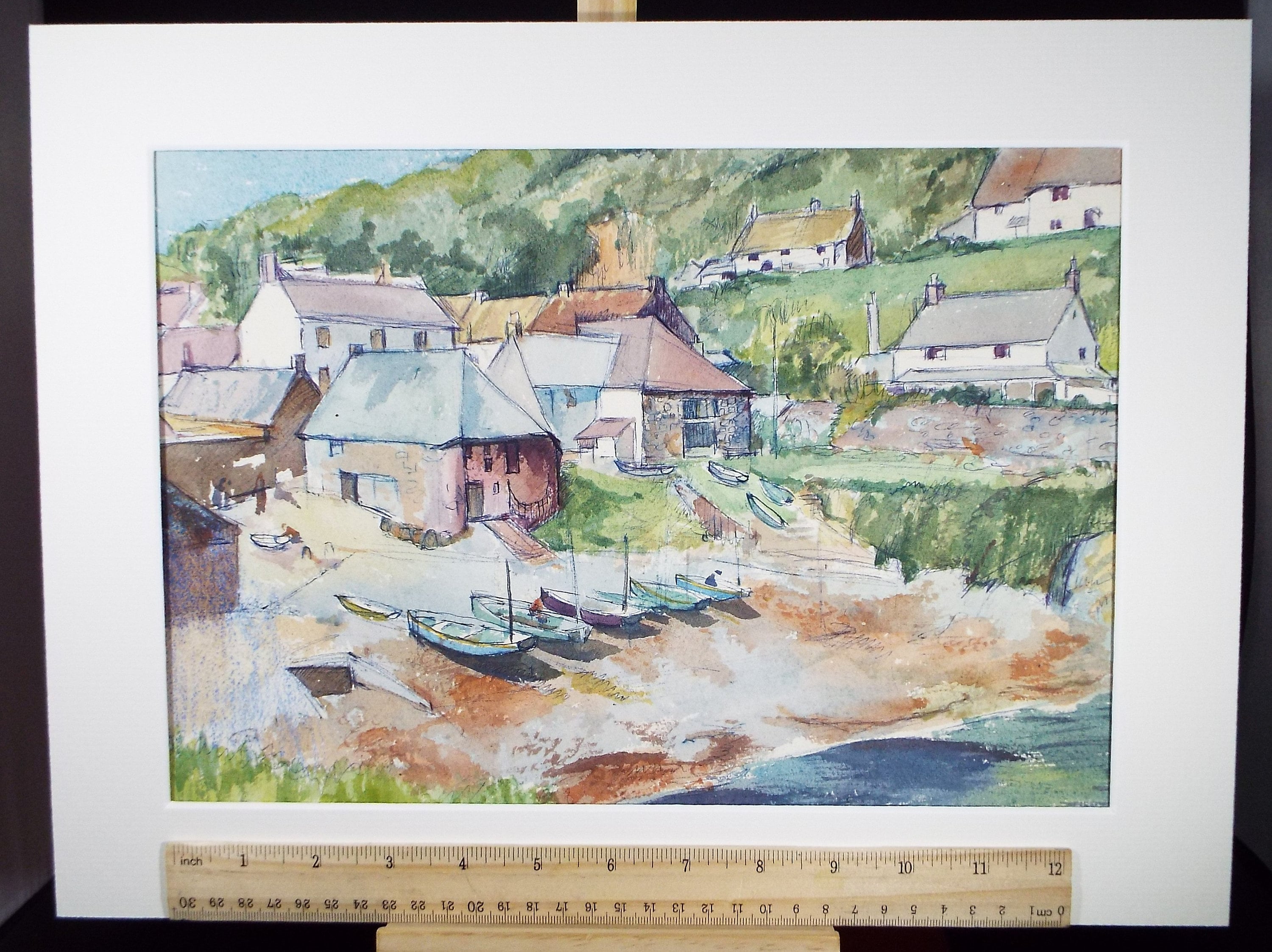 Original Watercolour, 'Fishing Village', Artist Unknown, Circa 1980's